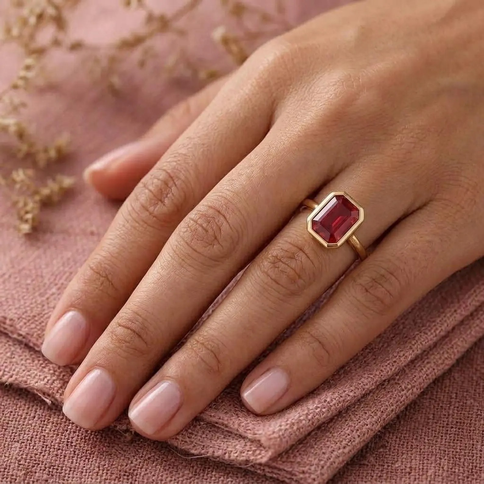Emerald Cut Ruby Engagement Ring, 14K Solid Yellow Gold Ring, Bezel Set Statement Ring, Anniversary Gift For Her, Bridal Ring, Promise Ring