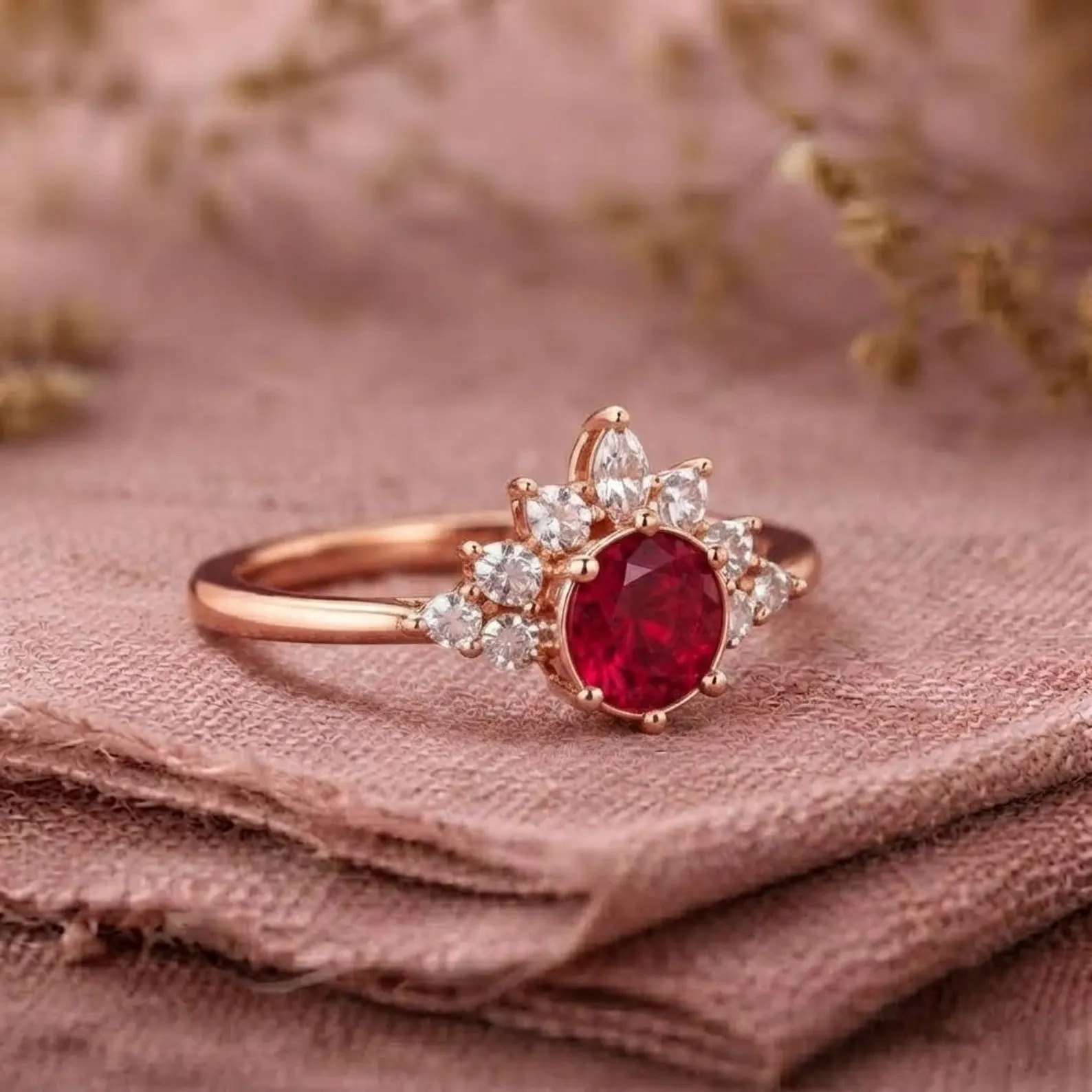 Ruby Engagement Ring, Rose Gold Cluster Ring, Red Round Gemstone Bridal Ring, Vintage Inspired Diamond Promise Ring, Romantic Gift For Her