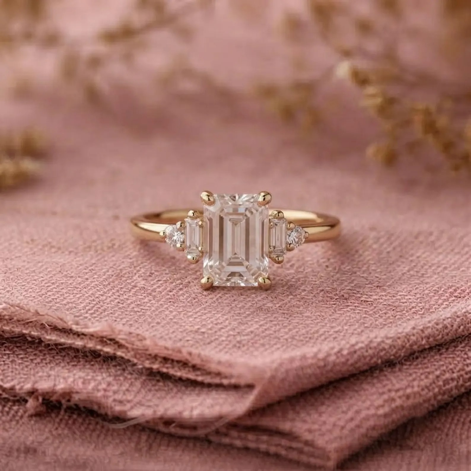 Emerald Cut Moissanite Five Stone Ring, Vintage Baguette & Round Cut Diamond Engagement Ring, 9K Solid Rose Gold Proposal Ring, Gift for He