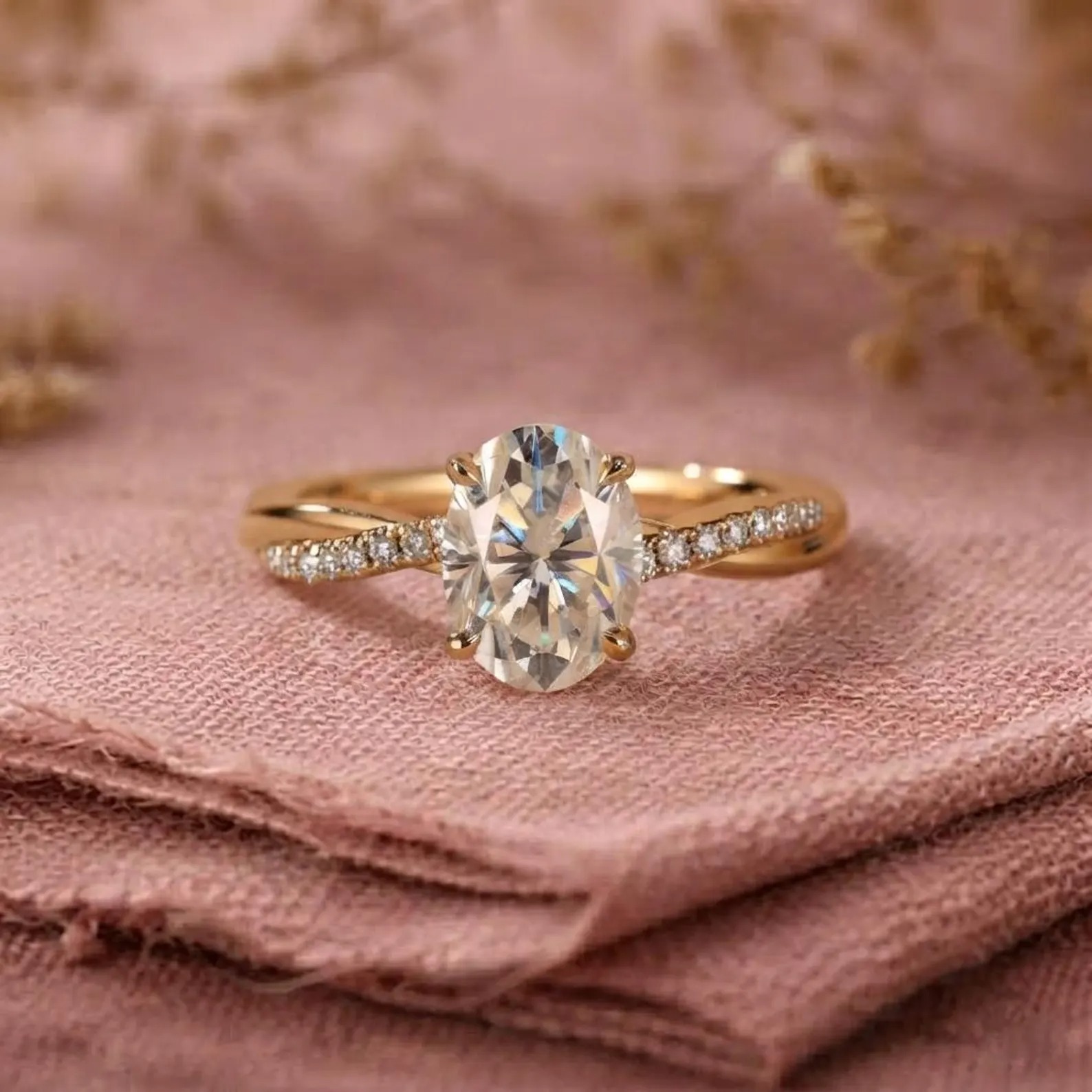 Oval Moissanite Engagement Ring, Infinity Twist Band, Round Accent Stones, Dainty Bridal Ring, Minimalist Proposal Ring, Christmas Gift