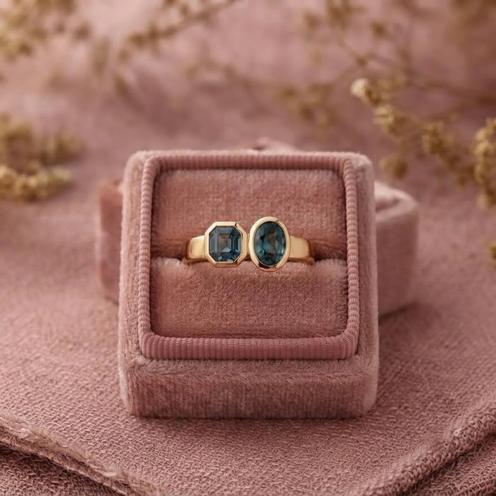 Teal Sapphire Toi Et Moi Ring, Two Stone Sapphire Ring, Teal Green Sapphire Engagement Ring, Gold Couple Ring, Unique Bridal Love Jewelry