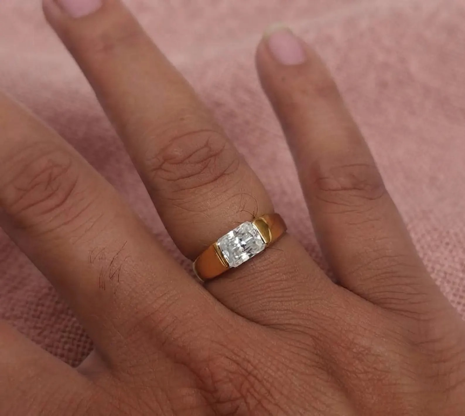 Moissanite Signet Ring, Yellow Gold, Emerald Horizontal Gemstone Rings, 925 Sterling Silver Ring
