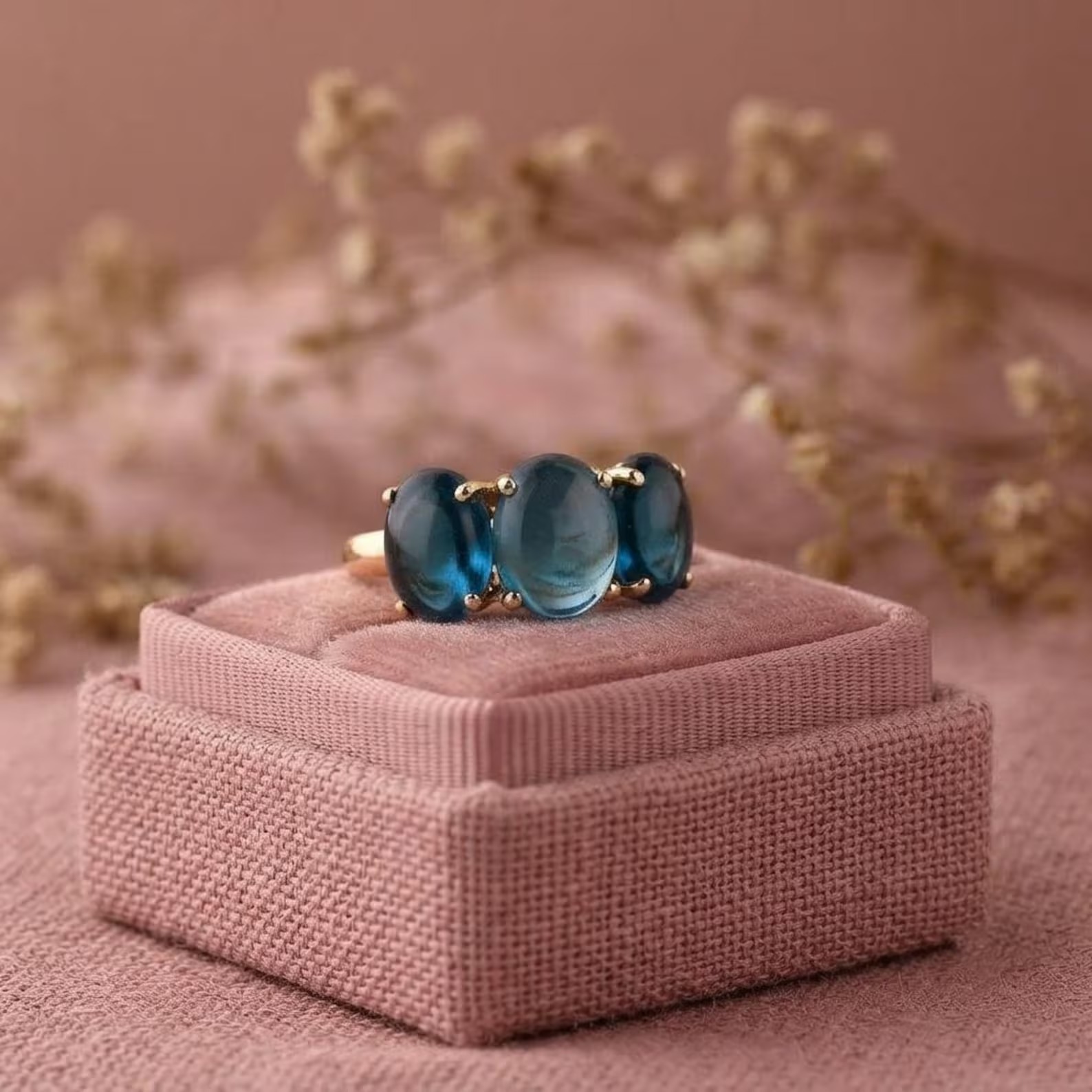 Oval Cut London Blue Topaz Solid Gold Wedding Ring Women 14kHandmade Art Deco Cluster Ring, Dainty Minimalist Gold Gemstone Gift For Her