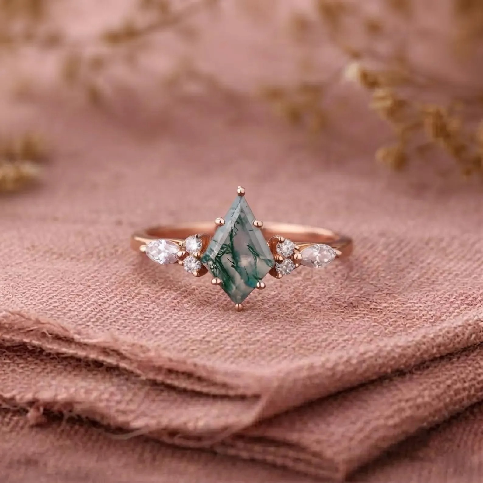 Vintage kite cut green moss agate engagement ring set, 14k rose gold marquise cut Moss agate ring for women, unique bridal wedding ring set