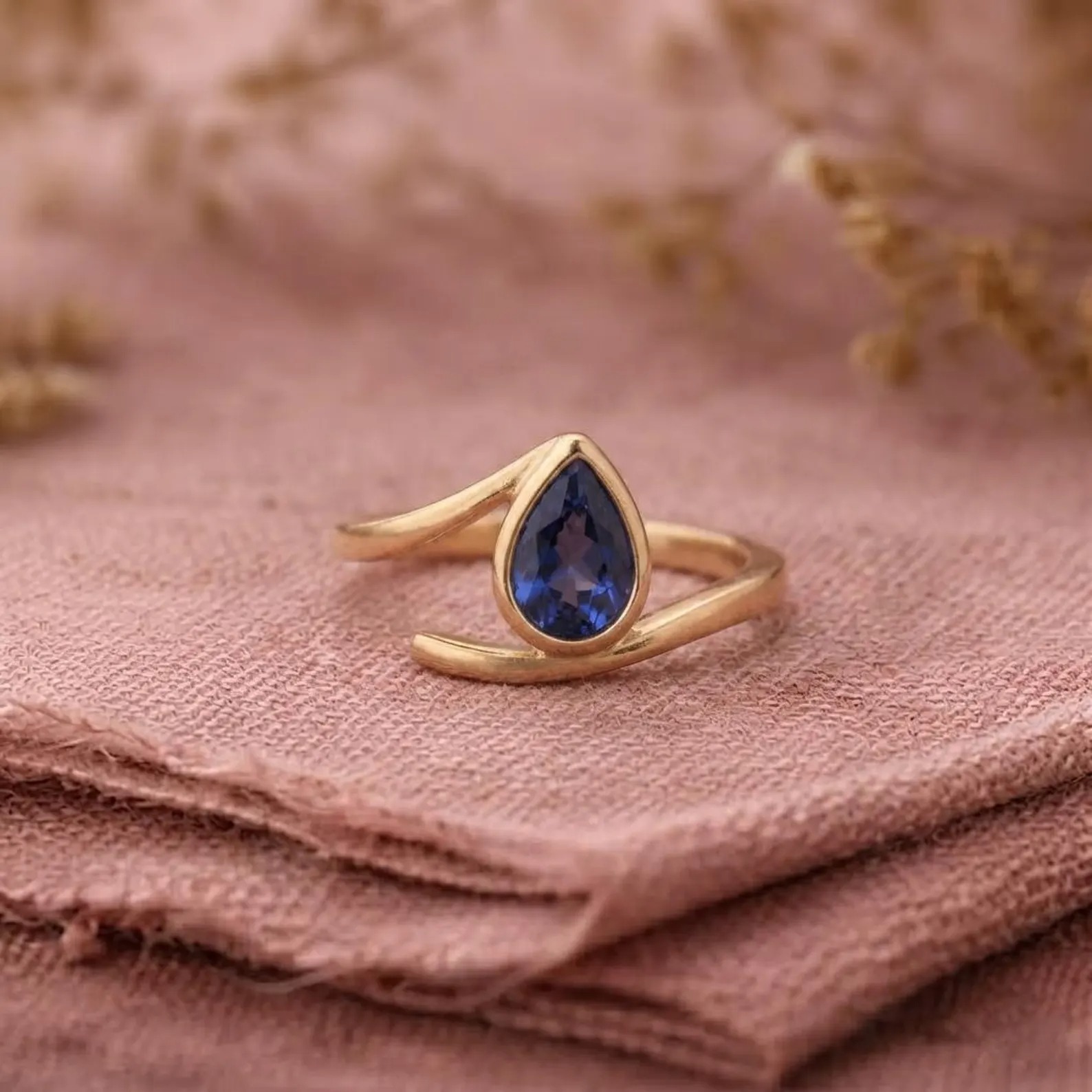Pear Cut Blue Sapphire Ring, 14k Rose Gold Bypass Ring, Handmade Ring, Bezel Set Solitaire Blue Gemstone Ring, Anniversary Gift For Her