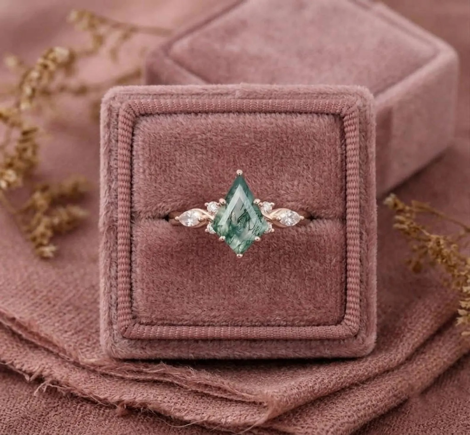 Vintage Moss Agate Engagement Ring, Kite Cut Moss Agate Ring, Leaf Diamond Cluster 925 Sterling Silver Nature Inspired Jewelry, Ring for Her