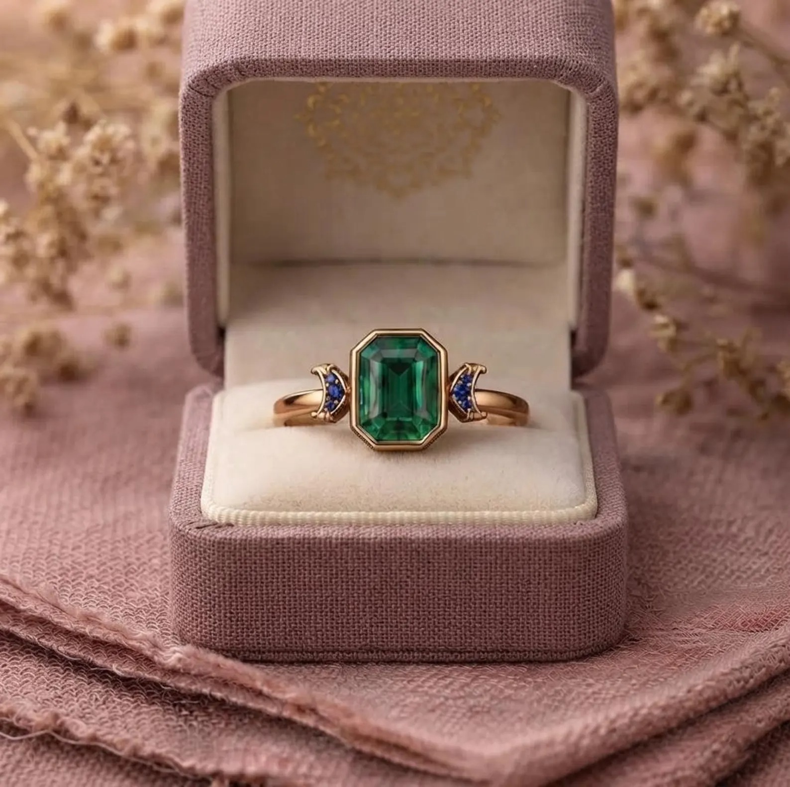 Green Emerald Ring, Green Gemstone Ring, Emerald Cut Engagement Ring, Vintage Ring, Blue Accent Ring, Promise Ring, Anniversary Gift For Her