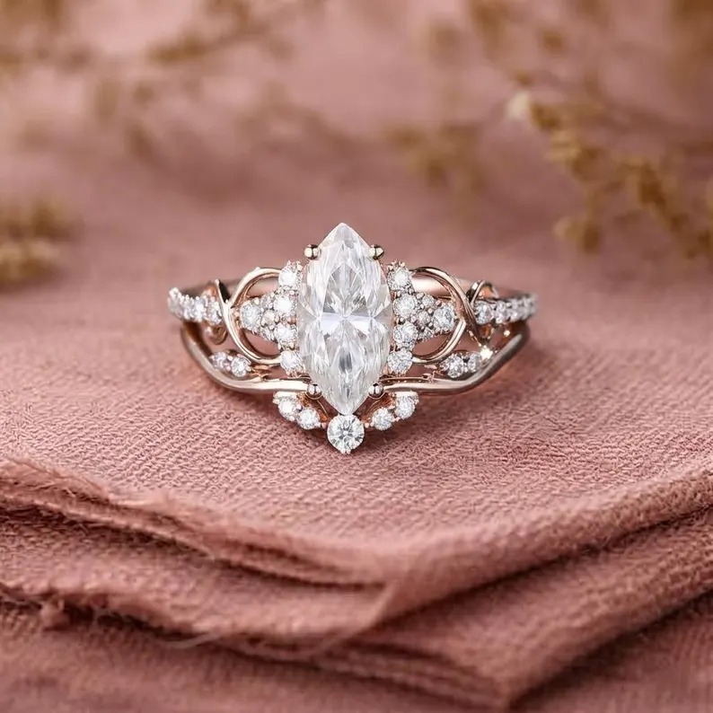 Marquise Cut Moissanite Engagement Ring Set Unique Rose Gold Bridal Ring Set Diamond Cluster Wedding Stacking Band Promise ring set