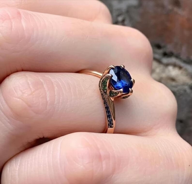 Blue Sapphire Engagement Ring, 14k Gold Round Cut Blue Gemstone Ring, Handmade Art Deco Green And Black Accents Ring, Anniversary Jewelry