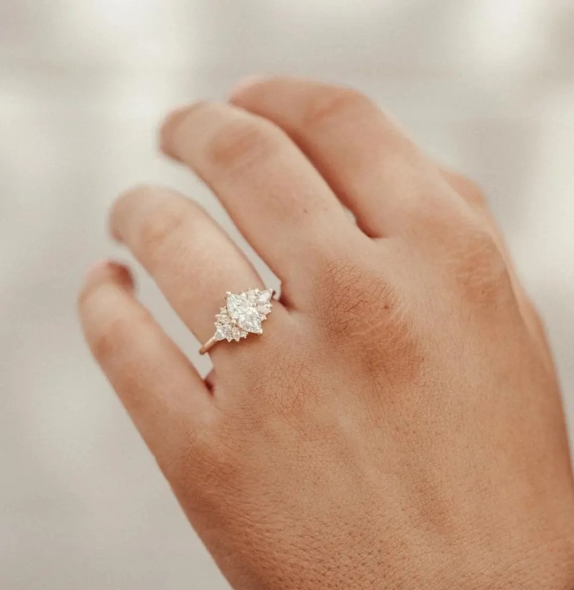 Marquise Cut Moissanite Engagement Ring With Diamond Cluster, 14k Rose Gold Promise Ring, Moissanite Ring, Bridal Anniversary Ring For Her