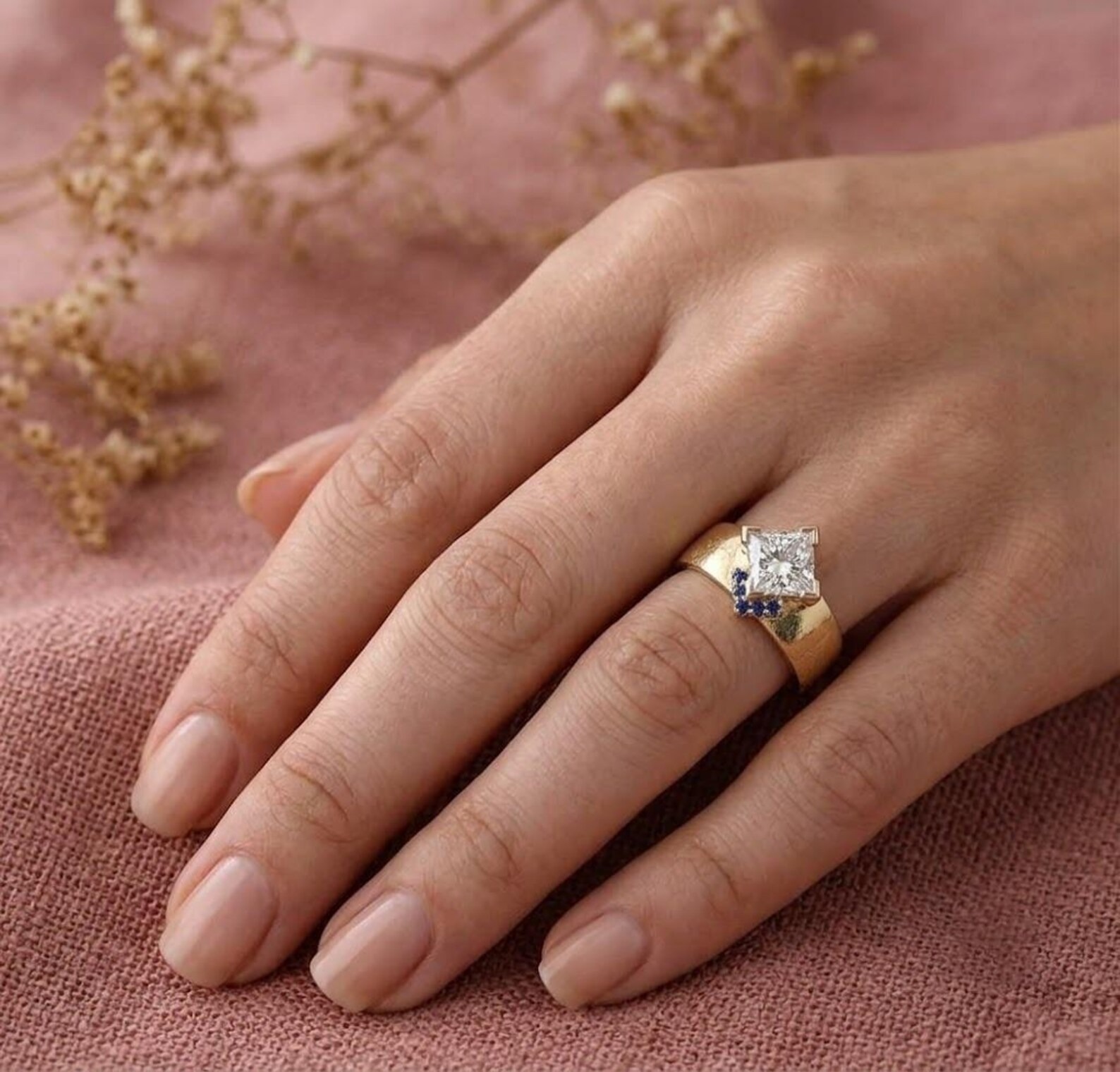 Gold Solitaire Ring, Princess Cut Moissanite Engagement Ring, Minimalist Sapphire Ring, Moissanite Statement Ring, Anniversary Gift for Her