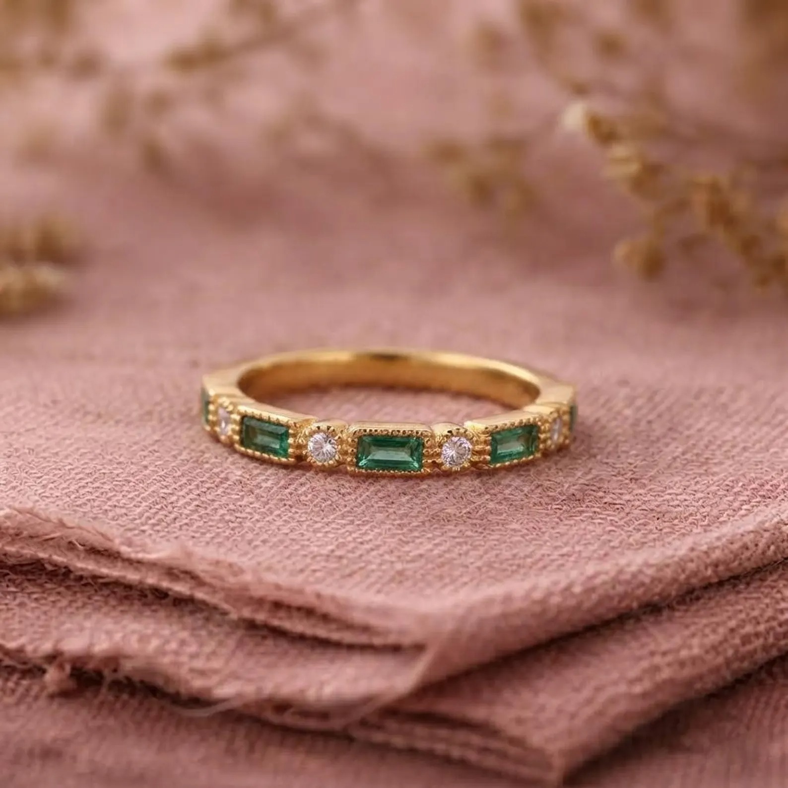 Baguette Emerald Half Eternity Wedding Band, Art Deco Moissanite Ring, Matching Band, Vintage May Birthstone Promise Band, Gift for Her