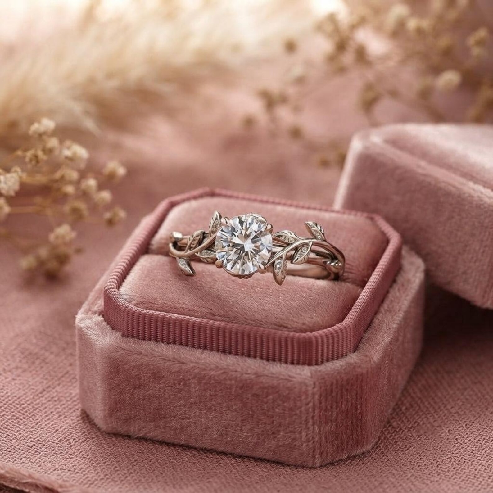 Round Moissanite Leaf Engagement Ring, Sterling Silver Vine Band, Nature Inspired Bridal Wedding Ring, Brilliant Diamond Anniversary Gift