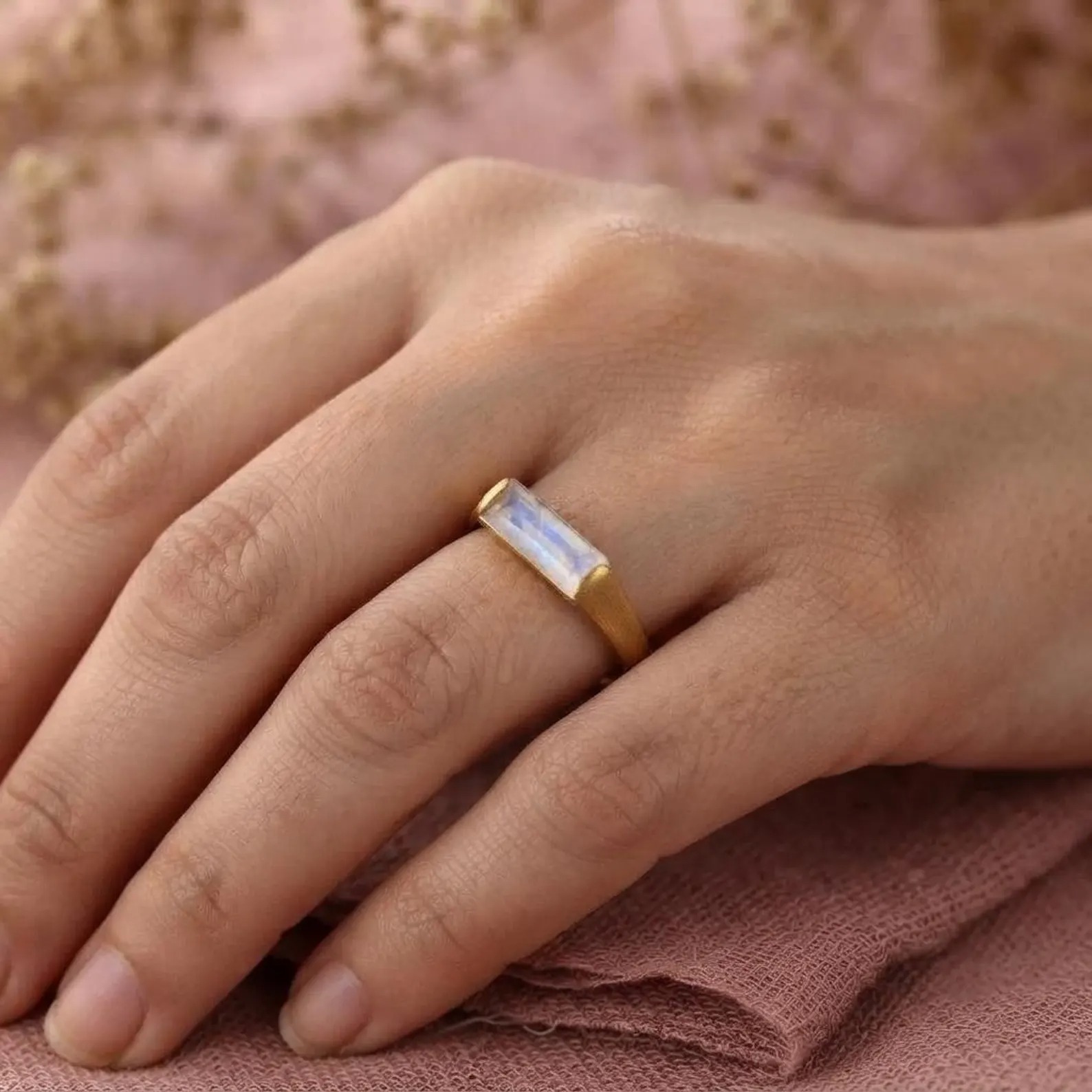 Natural Moonstone Rectangle Bar Ring, 18K Gold Filled 925 Sterling Silver Ring, Handmade Ring, Wedding Jewelry, White Rainbow, Gift Ring