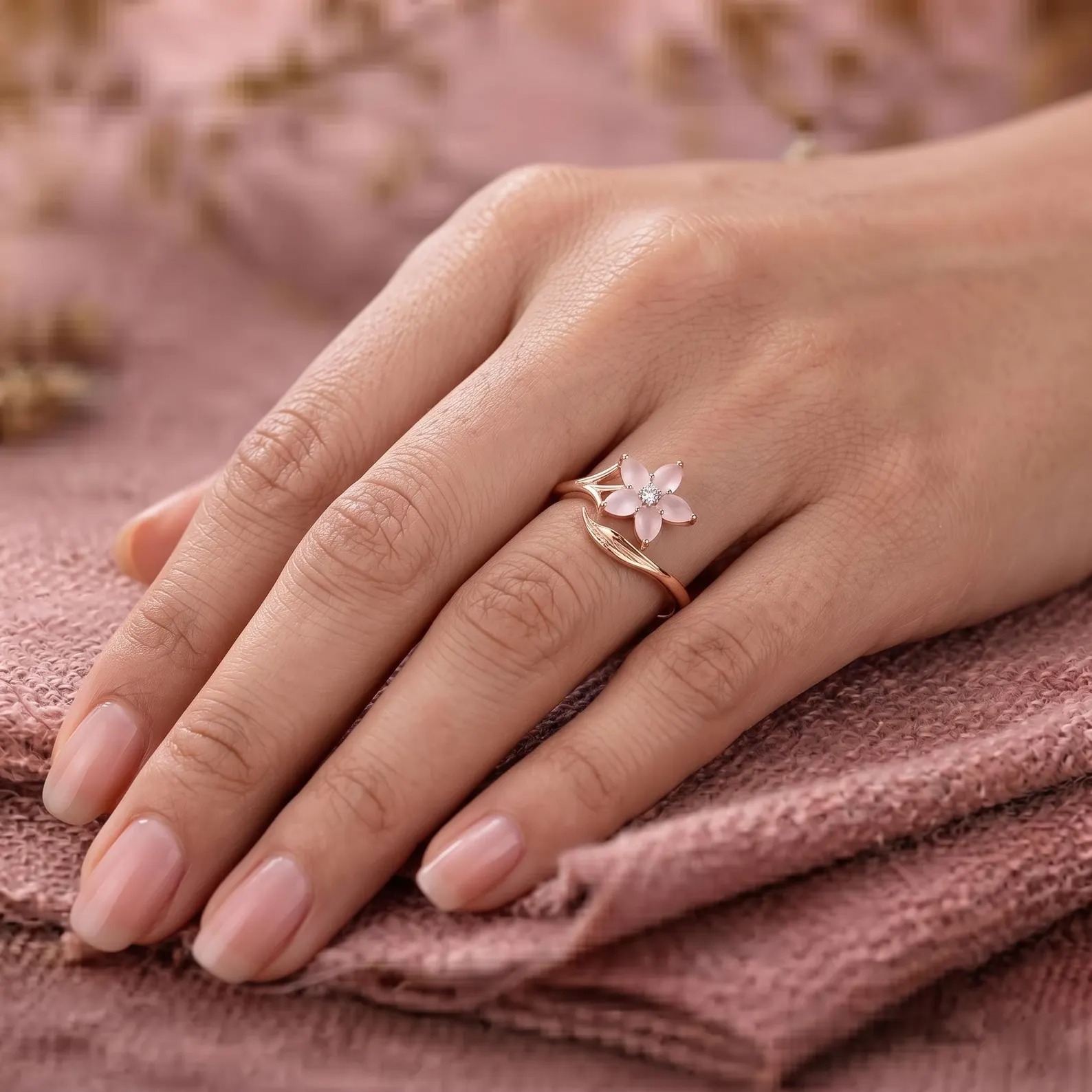 Cherry Blossom Rose Quartz Ring, Sakura Flower Engagement Ring, Pink Pear Floral Gold Ring, Nature Inspired Promise Ring, Bridal Jewelry