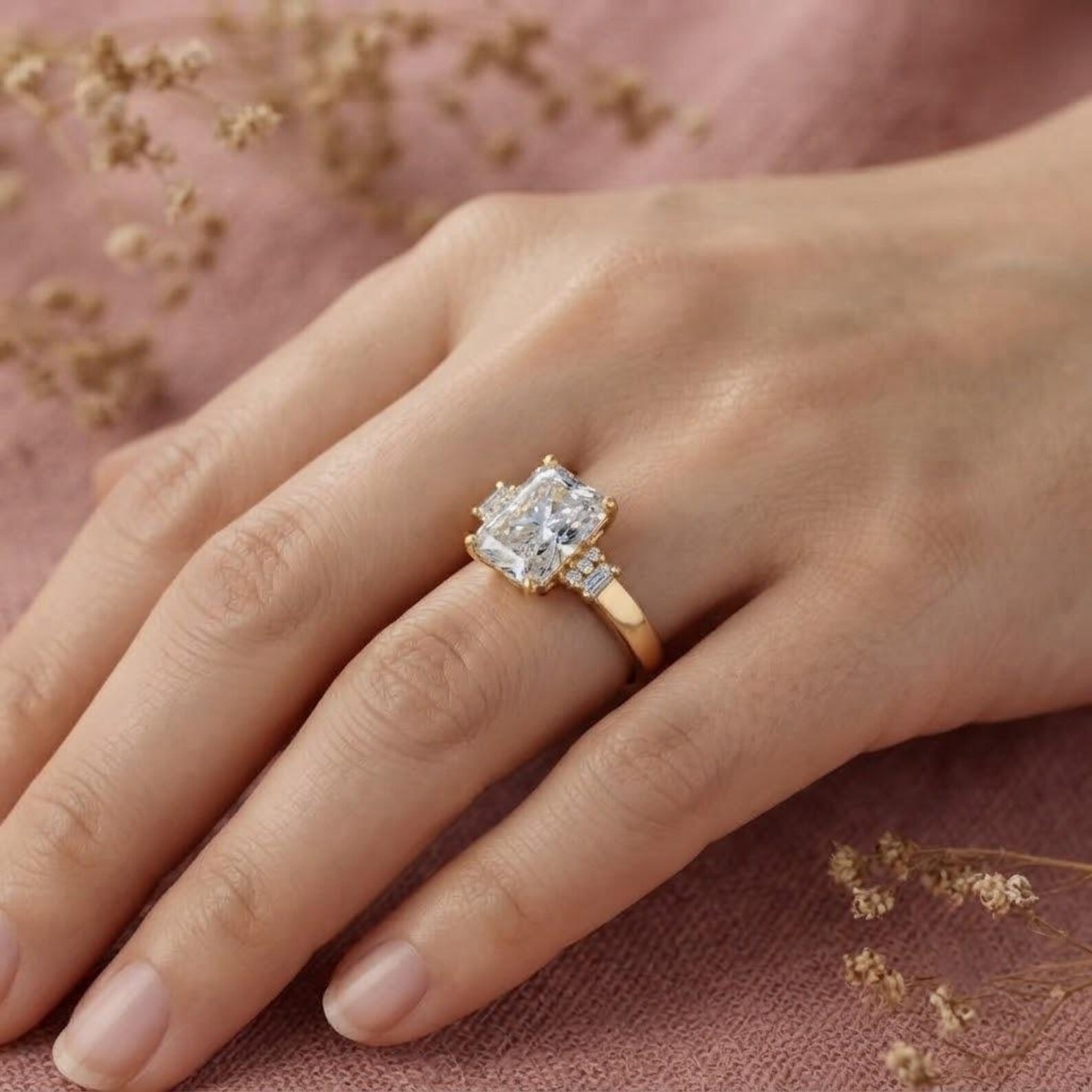 Emerald Cut Moissanite Engagement Ring, Diamond Cluster Accent Dainty Ring, Alternative Baguette Moissanite Ring, Anniversary Gift For Her