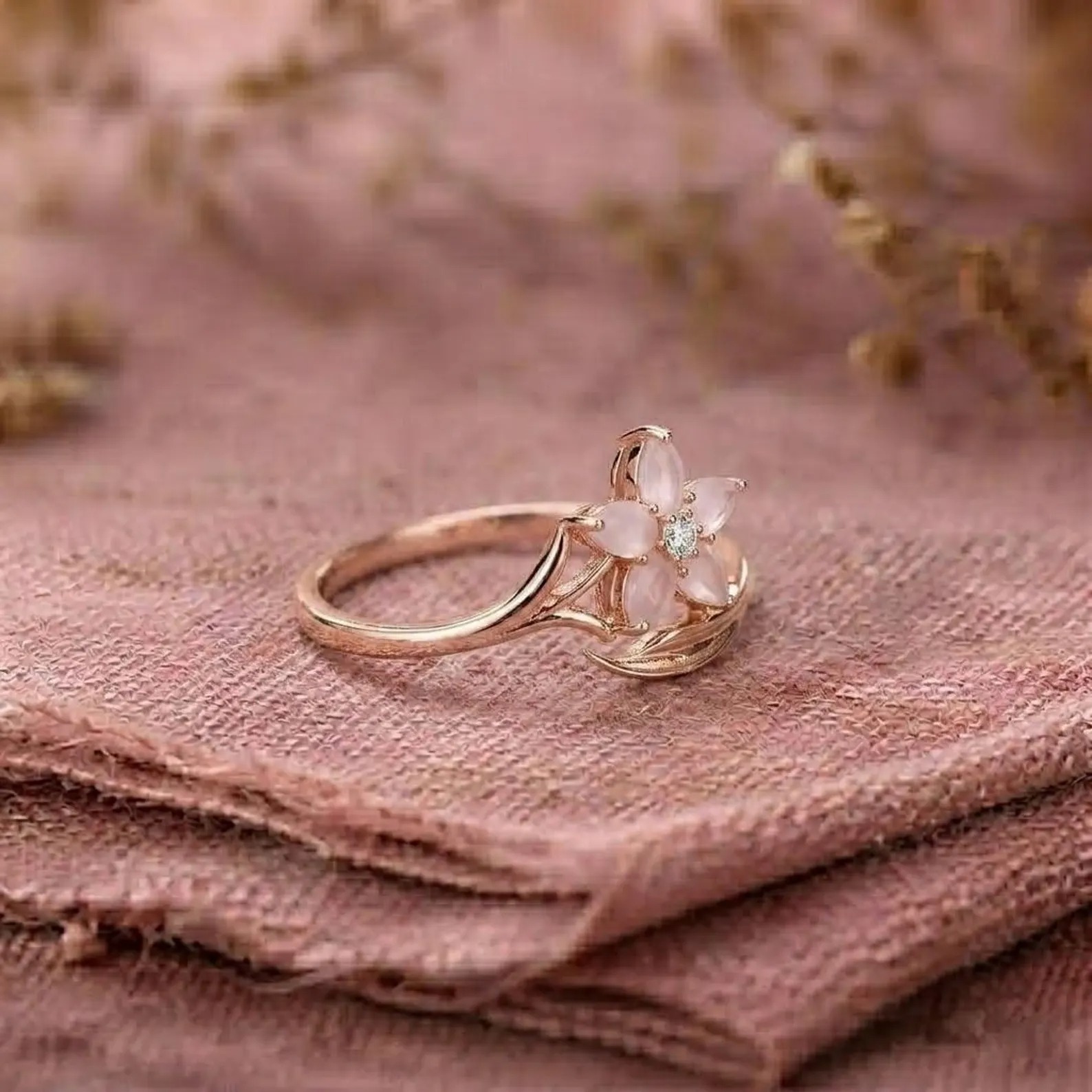 Cherry Blossom Rose Quartz Ring, Sakura Flower Engagement Ring, Pink Pear Floral Gold Ring, Nature Inspired Promise Ring, Bridal Jewelry