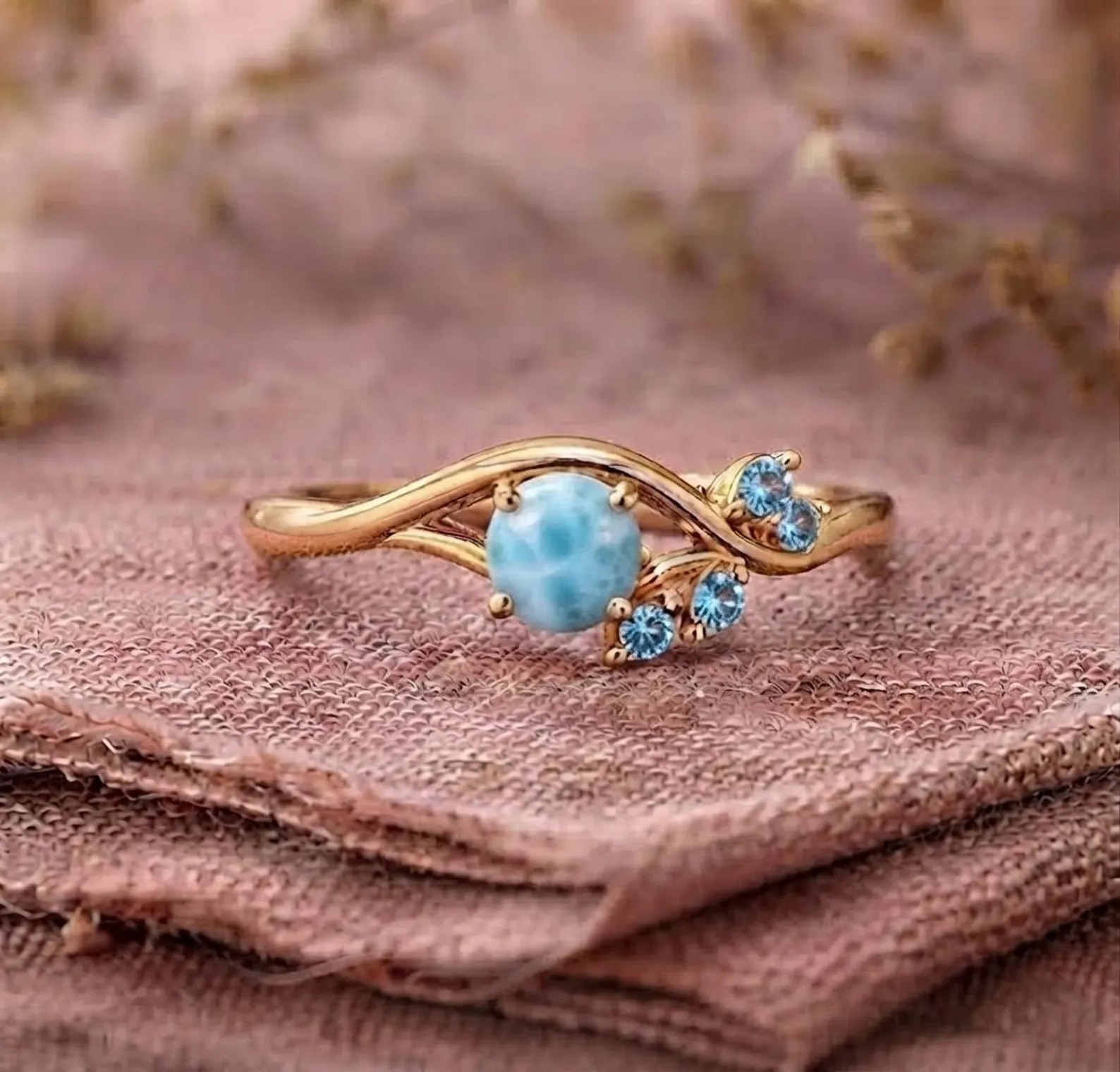Larimar Ring with Aquamarine, Round Larimar Gemstone Ring, Ocean Blue Ring, Gold Floral Gift Ring, Botanical Jewelry, Nature Inspired Gift