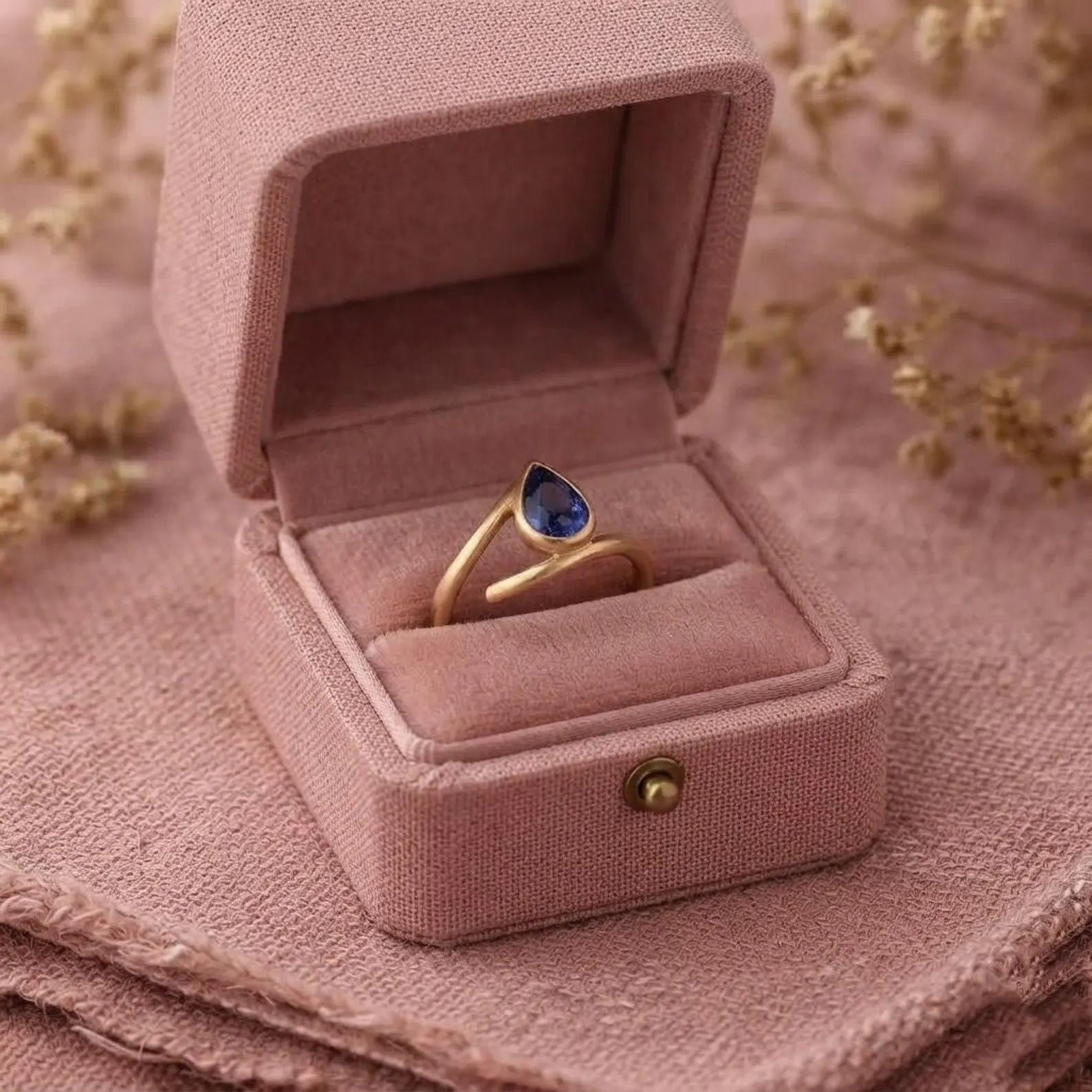 Pear Cut Blue Sapphire Ring, 14k Rose Gold Bypass Ring, Handmade Ring, Bezel Set Solitaire Blue Gemstone Ring, Anniversary Gift For Her
