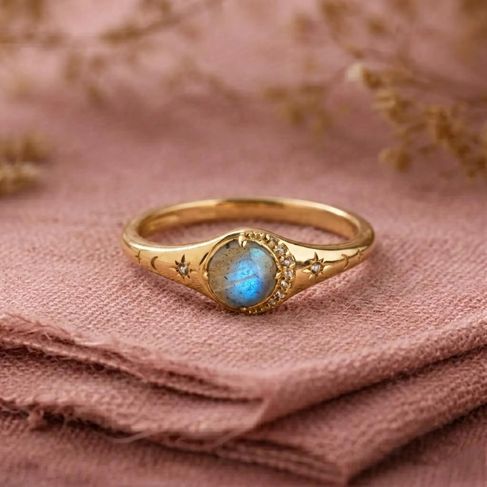 Natural Labradorite Diamond Summer jewelry, Moon Crescent Wedding Ring Diamond Moon And Star Ring Minimalist Summer Gift, Gift Ring For Her