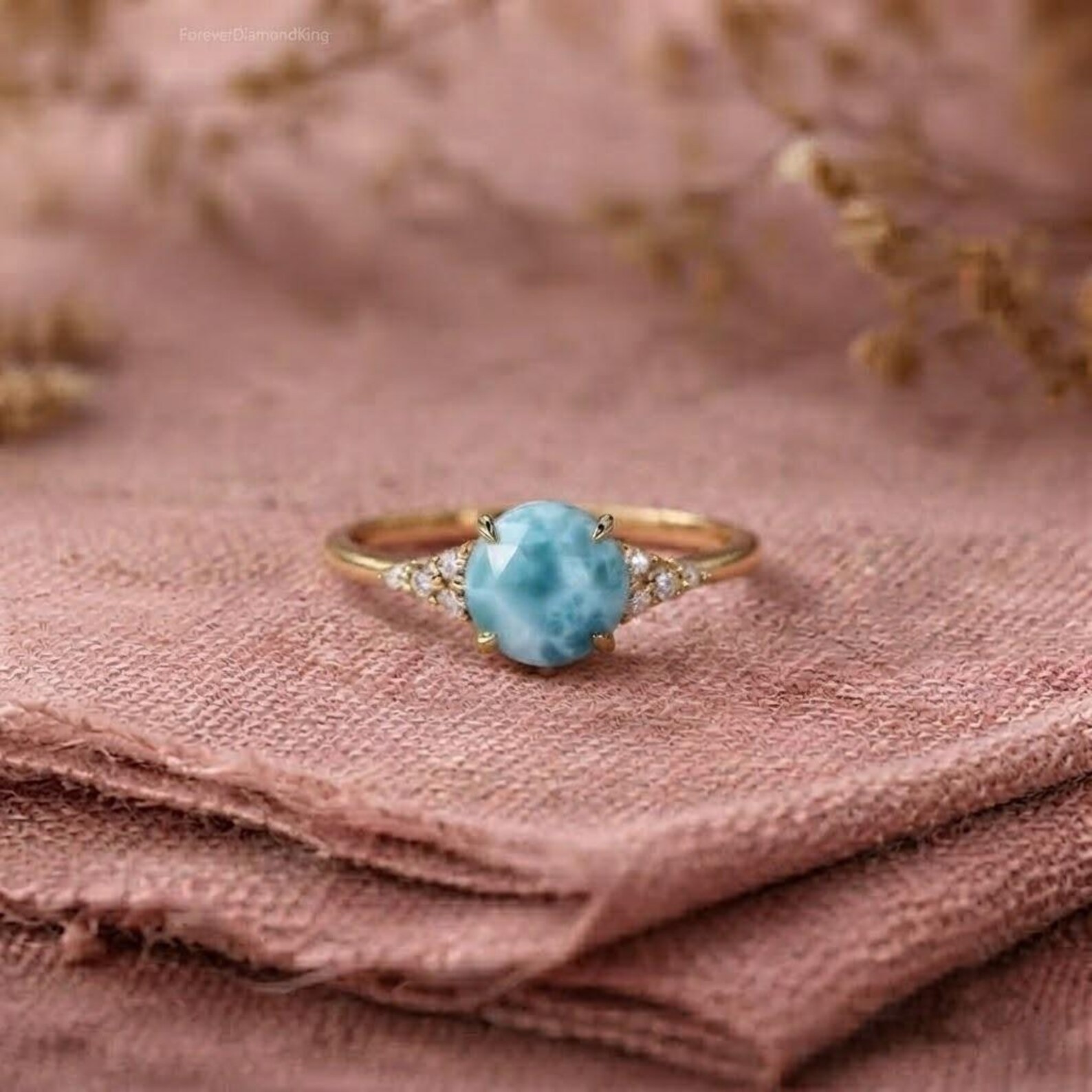 Larimar Ring, 925 Sterling Silver, Minimalist Everyday Jewelry, Round Cut Natural Larimar Engagement Ring, Ocean Blue Gemstone, Gift For Her