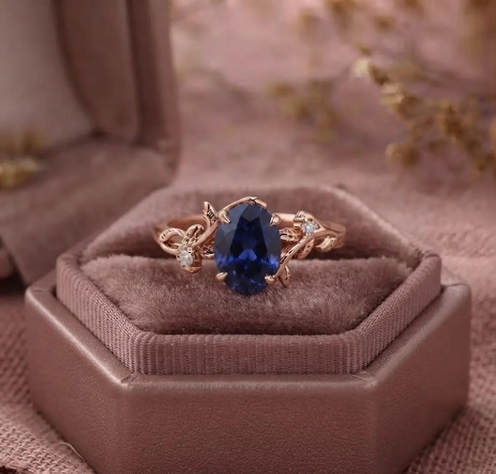 18K Black Gold Oval Cut Blue Sapphire Ring for Wife, Nature Inspired Leaf Ring, Anniversary Gift, Leaf Branch Ring, Vintage Diamond Cluster