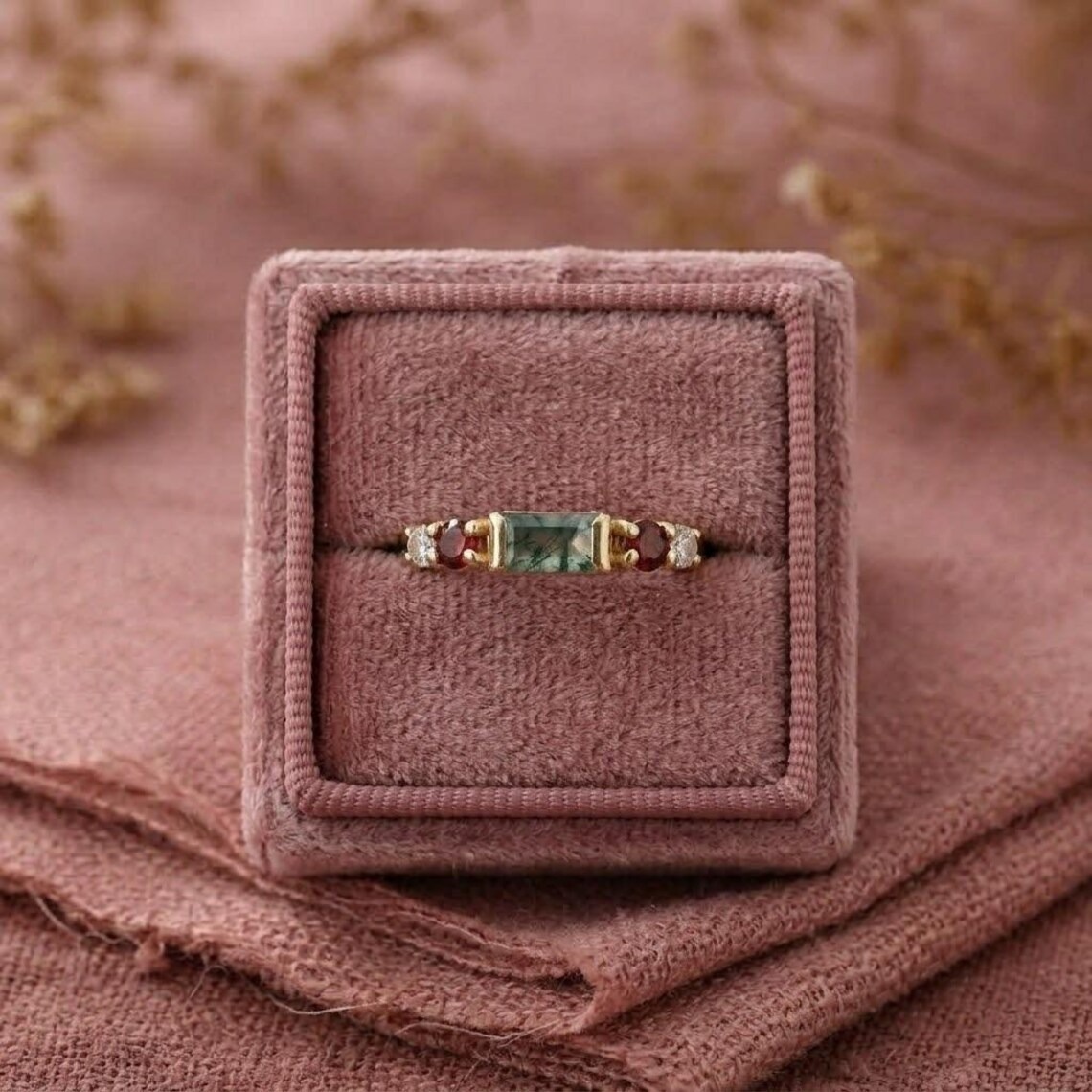 Moss Agate Engagement Ring, Gold Garnet & Moissanite Ring, Baguette Moss Agate Promise Ring, Nature Inspired Bridal Ring, Gift For Her