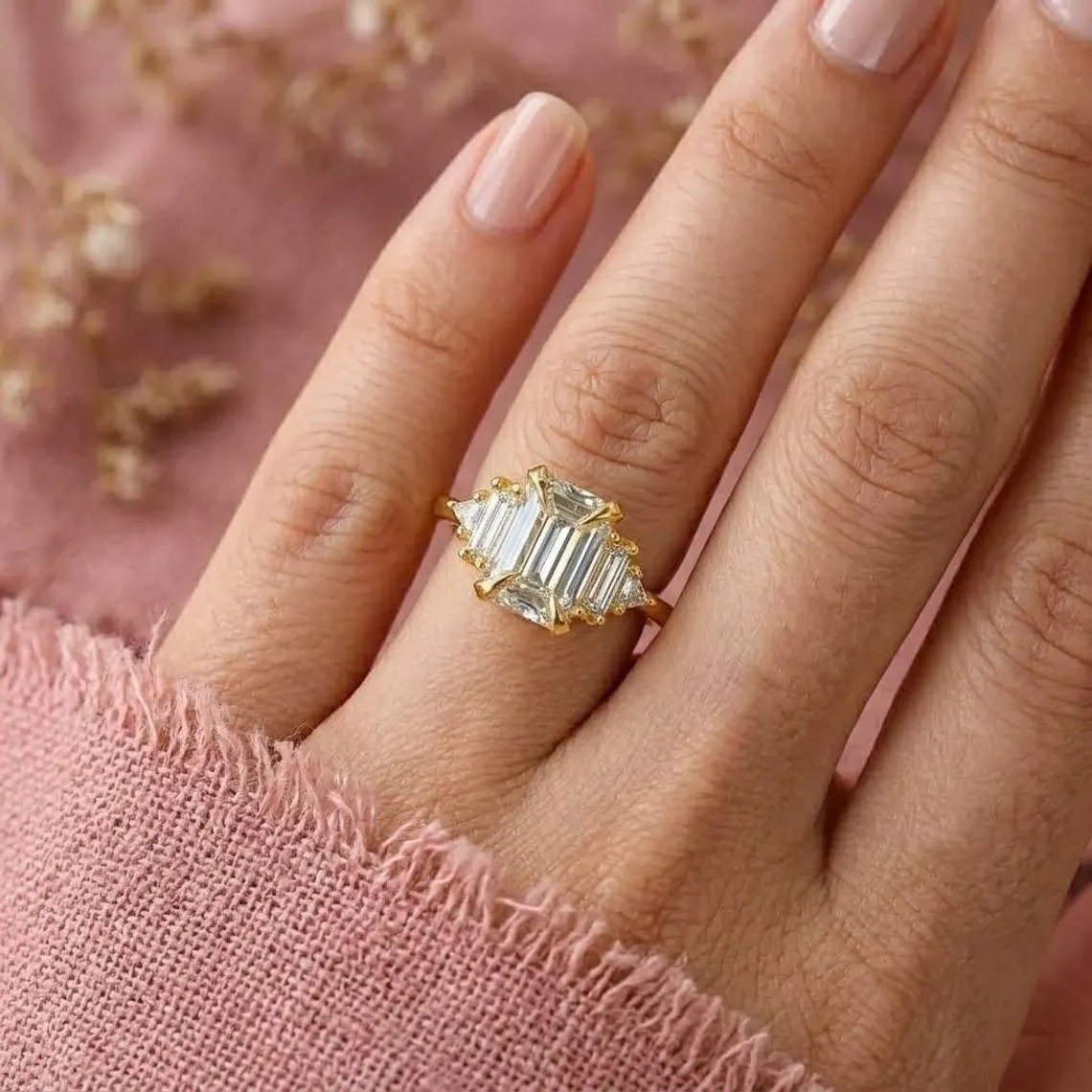 Art Deco Emerald Cut Engagement Ring, Baguette Cluster Wedding Ring, Geometric Gold Bridal Ring,