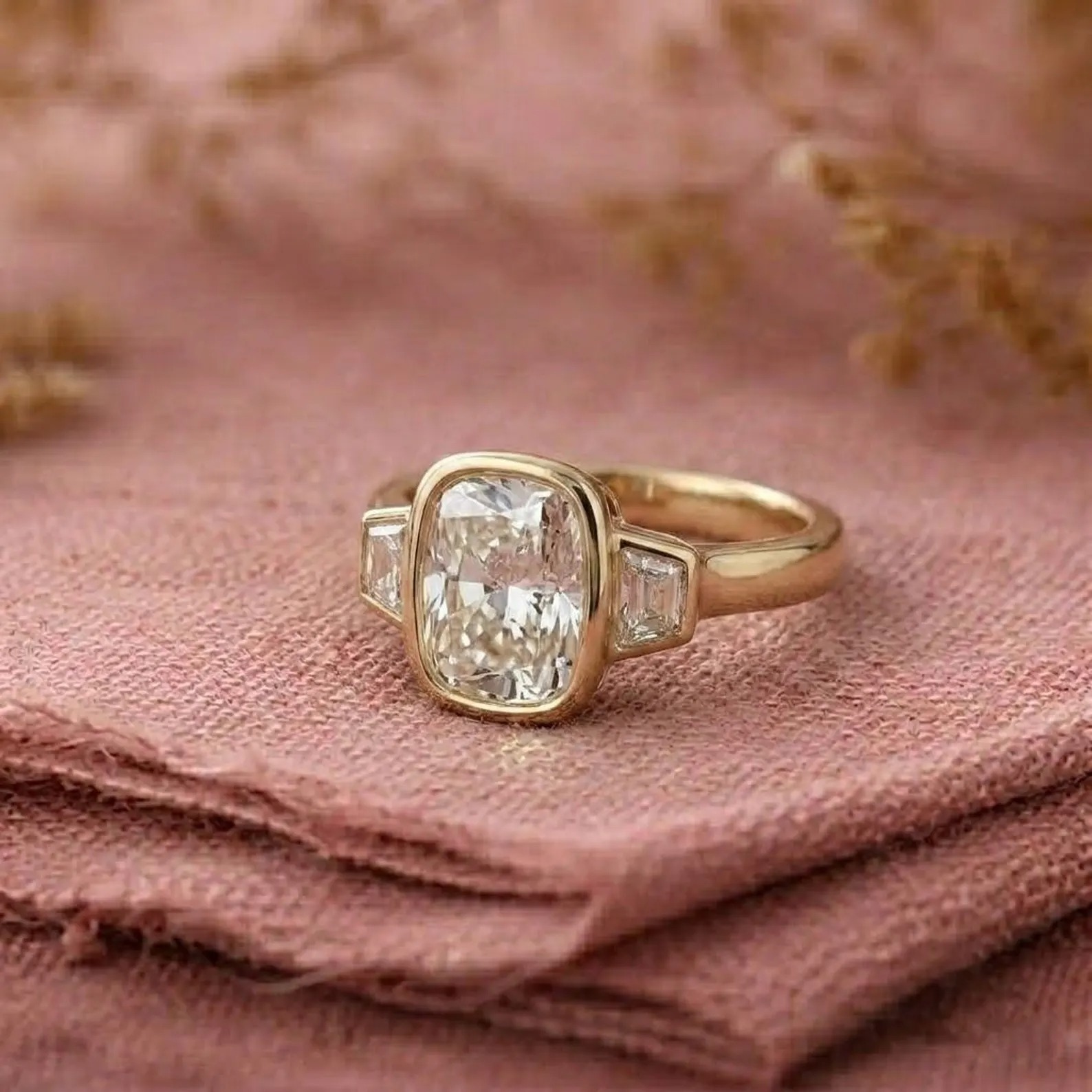 Cushion Cut Moissanite Engagement Ring, Elongated Cushion Diamond Bezel Set Ring, Colorless Gemstone Stacking Ring, Baguette Ring For Women
