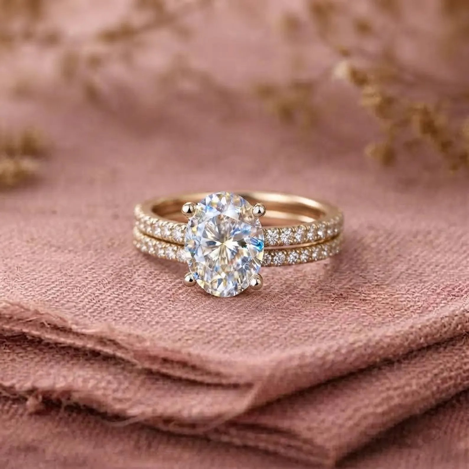 1.5 Ct Oval Cut Moissanite Wedding Ring Set, Moissanite Engagement Ring Set, Vintage Bridal Set, Art Deco Matching Bands, 14k/18k Gold Ring