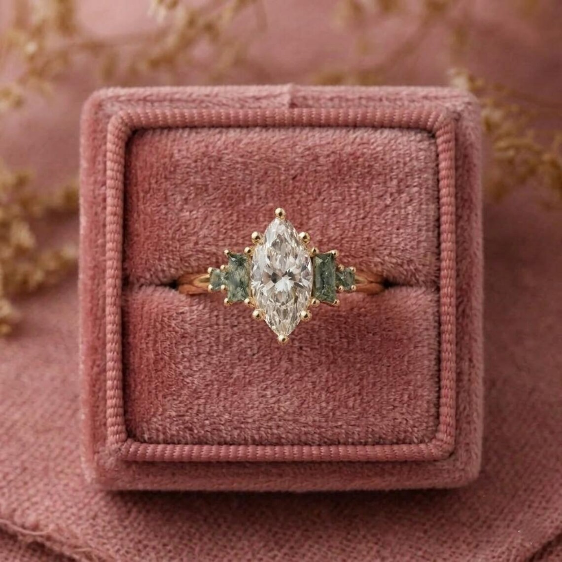 Marquise Moissanite Moss Agate Engagement Ring, Vintage Side Accent, Baguette Green Gemstone Ring, Unique Bridal Gold Jewelry, Gift for Her
