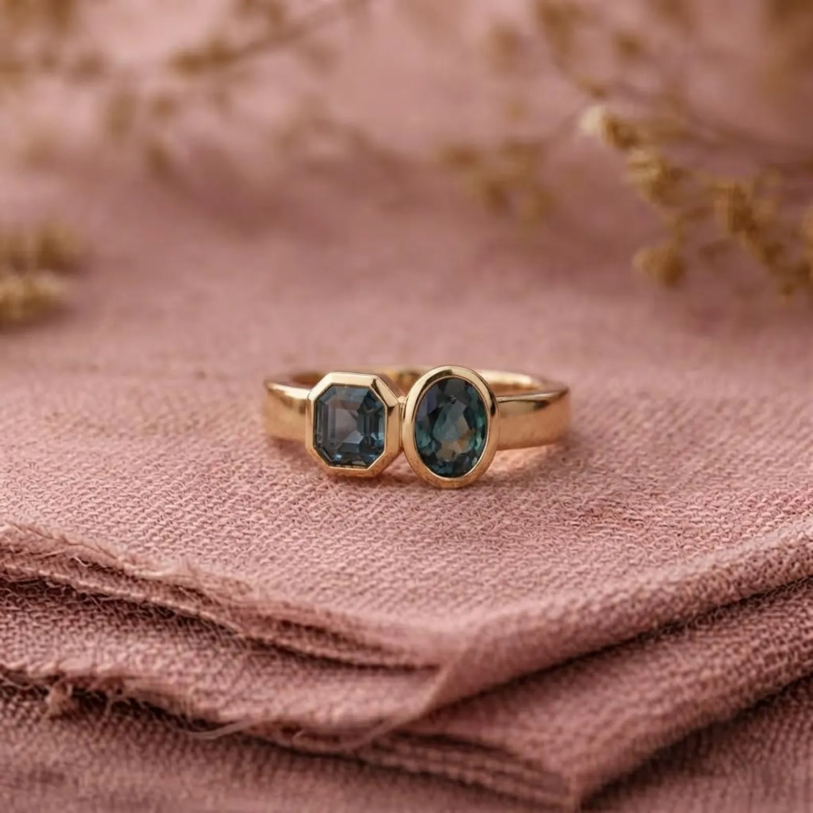 Teal Sapphire Toi Et Moi Ring, Two Stone Sapphire Ring, Teal Green Sapphire Engagement Ring, Gold Couple Ring, Unique Bridal Love Jewelry