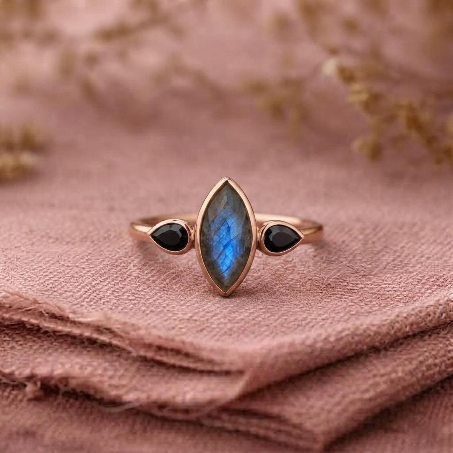 Marquise Cut Labradorite Ring, 14K Rose Gold Nature Inspired Engagement Ring, Pear Black Onyx Cluster Promise Ring, Unique Minimalist Ring