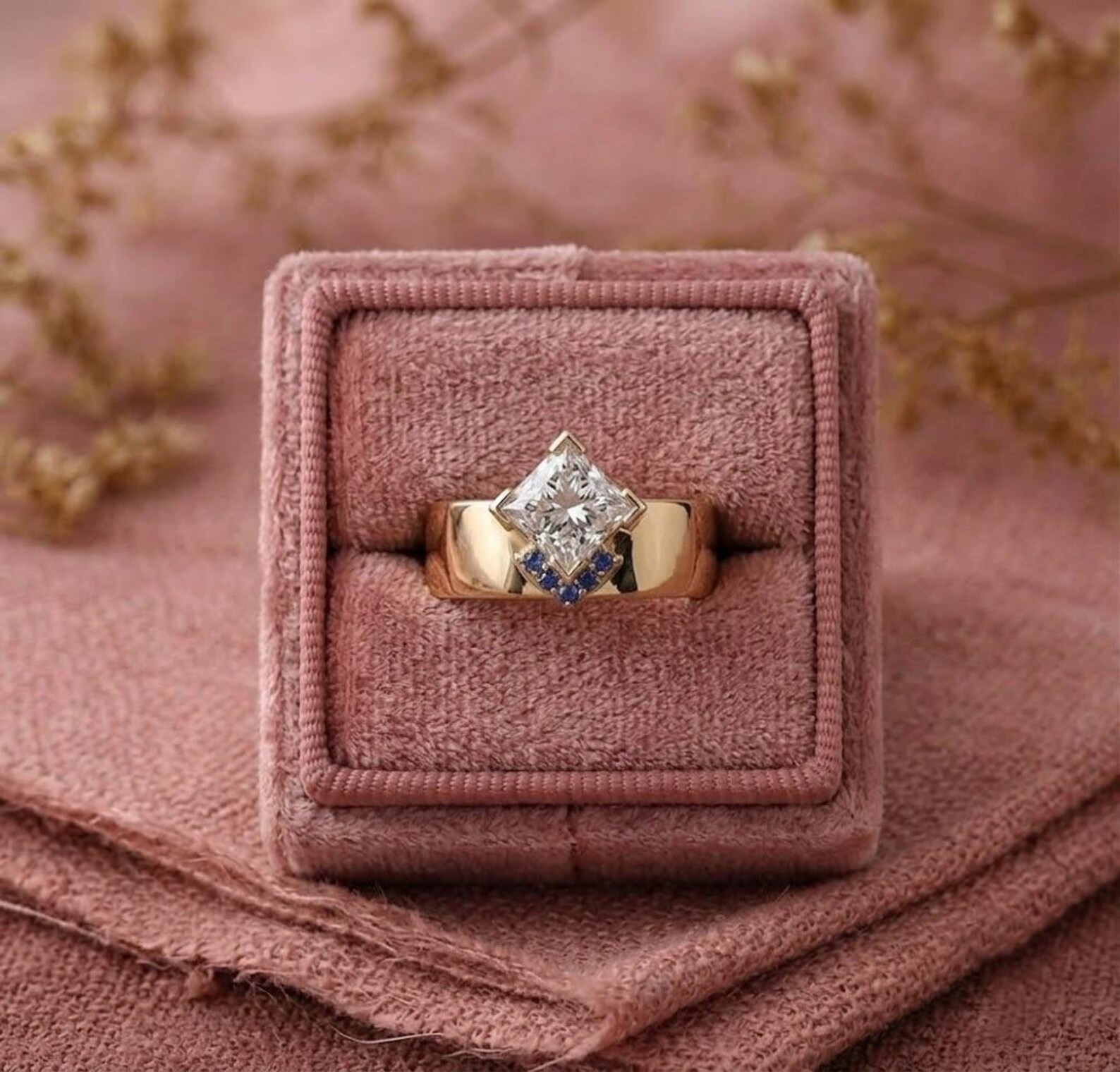 Gold Solitaire Ring, Princess Cut Moissanite Engagement Ring, Minimalist Sapphire Ring, Moissanite Statement Ring, Anniversary Gift for Her