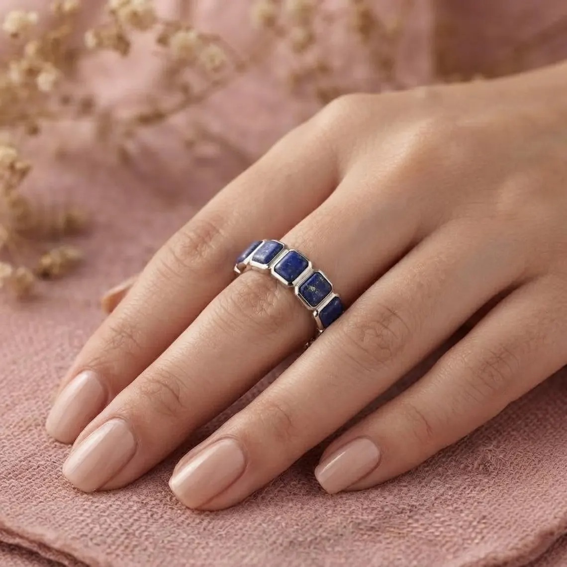 Lapis Lazuli Ring, Blue Gemstone Band, Sterling Silver Eternity Ring, Asscher Cut Natural Wedding Band, Stackable Ring, Boho Jewelry Gift