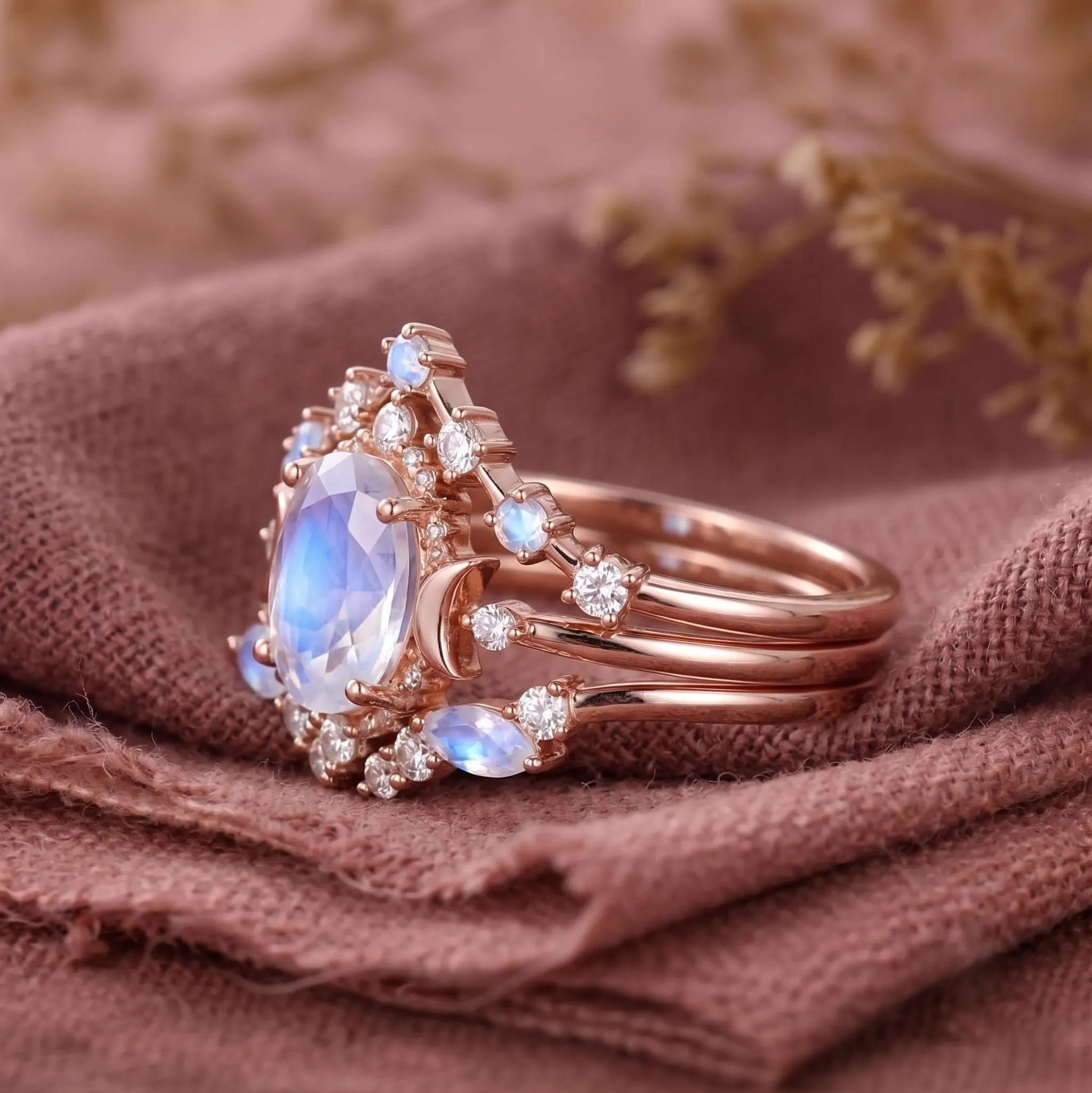 Oval Opal Ring Set, 3pcs Oval Opal Engagement Ring Set, Art Deco Fitted Opal Ring Set, Opal Bridal Set, Bridal Set, Christmas Gift