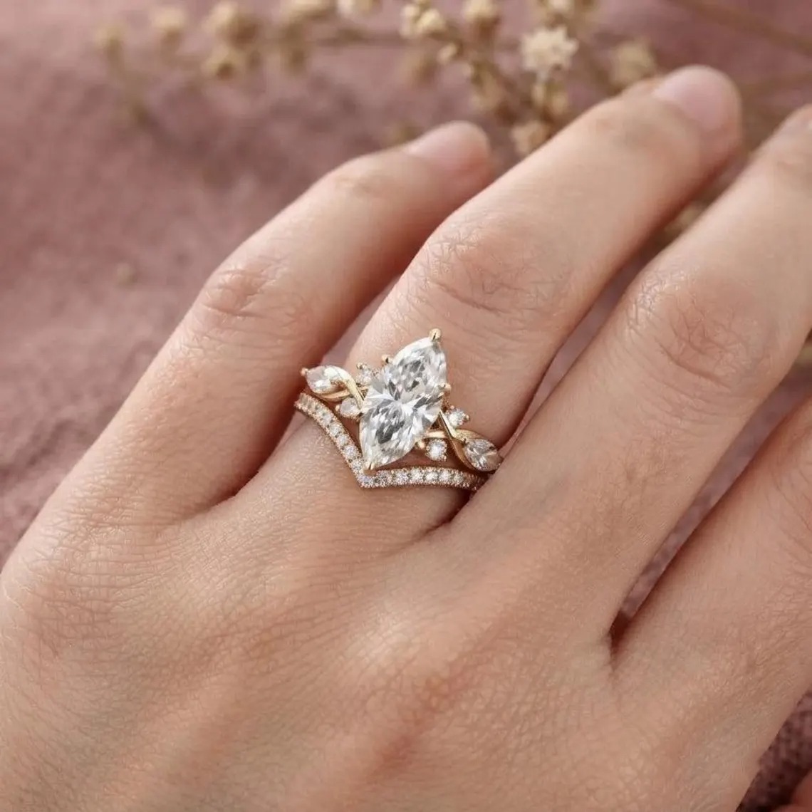 Marquise Cut Moissanite Engagement Ring Set, Gold Bridal Ring Set, Diamond Cluster Wedding Stacking Band, Anniversary Ring, Gift For Wife