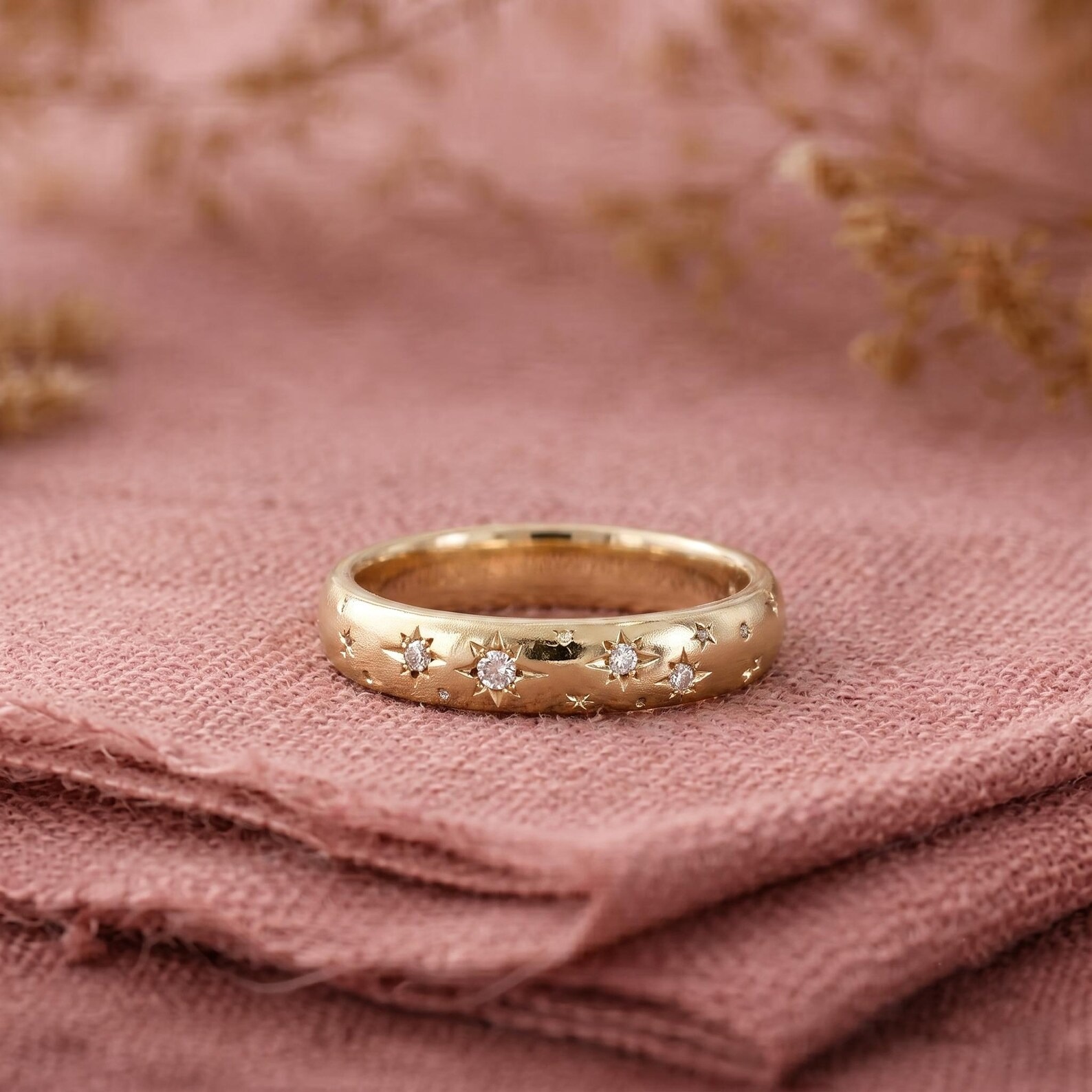 14K Solid Gold Diamond Starburst Wedding Band , Eternity Diamond Band, Star Engraved Stacking Ring, Celestial Ring For Women, Proposal Rings
