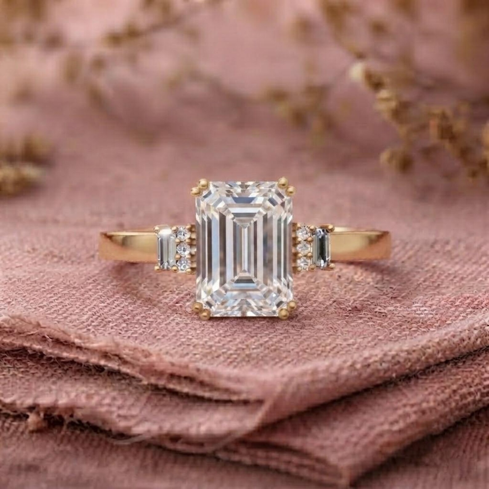 Emerald Cut Moissanite Engagement Ring, Diamond Cluster Accent Dainty Ring, Alternative Baguette Moissanite Ring, Anniversary Gift For Her