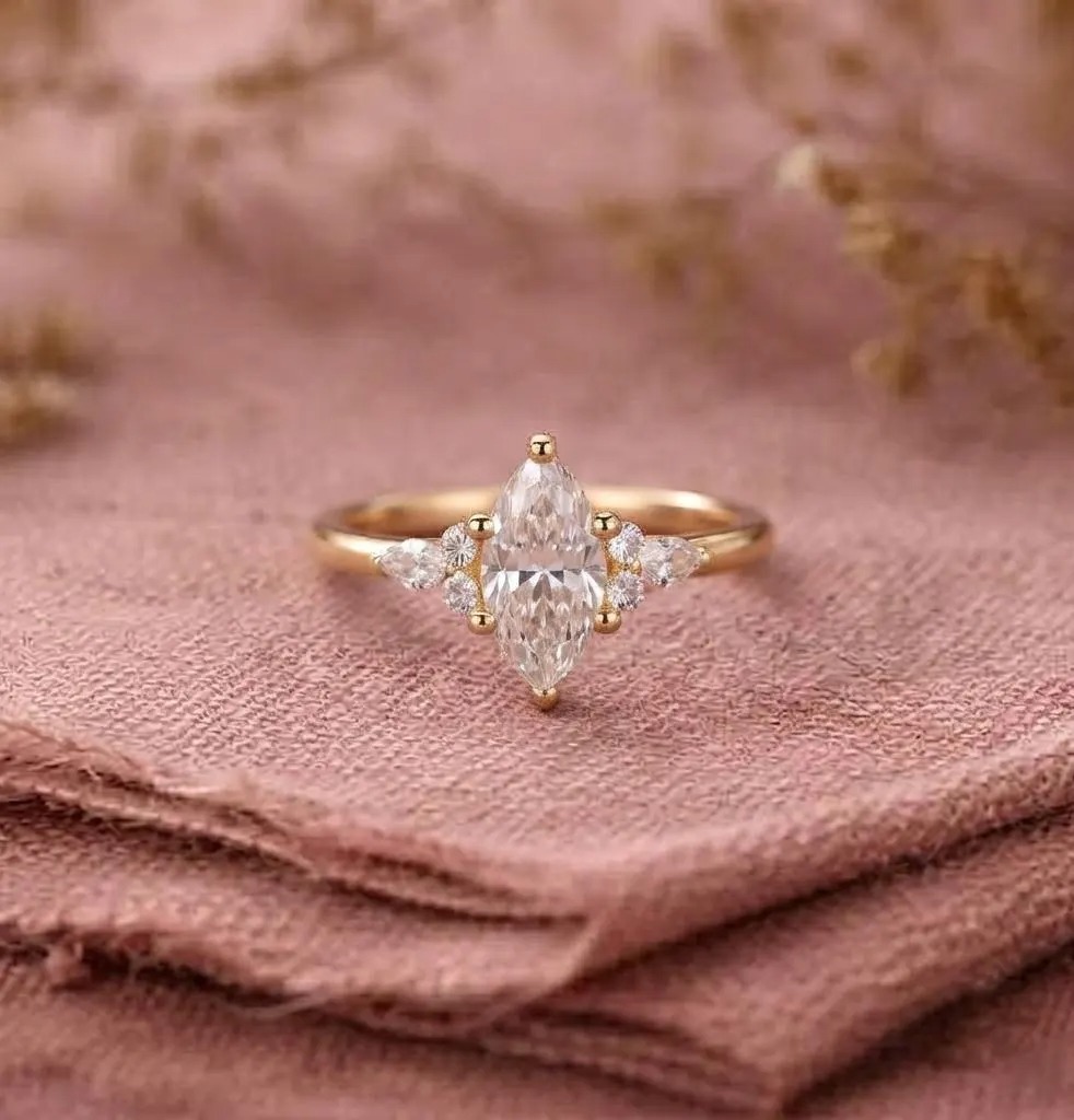 Vintage Marquise Cut Moissanite Engagement Ring Women's Diamond Wedding Ring with Side Stone Delicate 14k Solid Gold Diamond Promise Ring