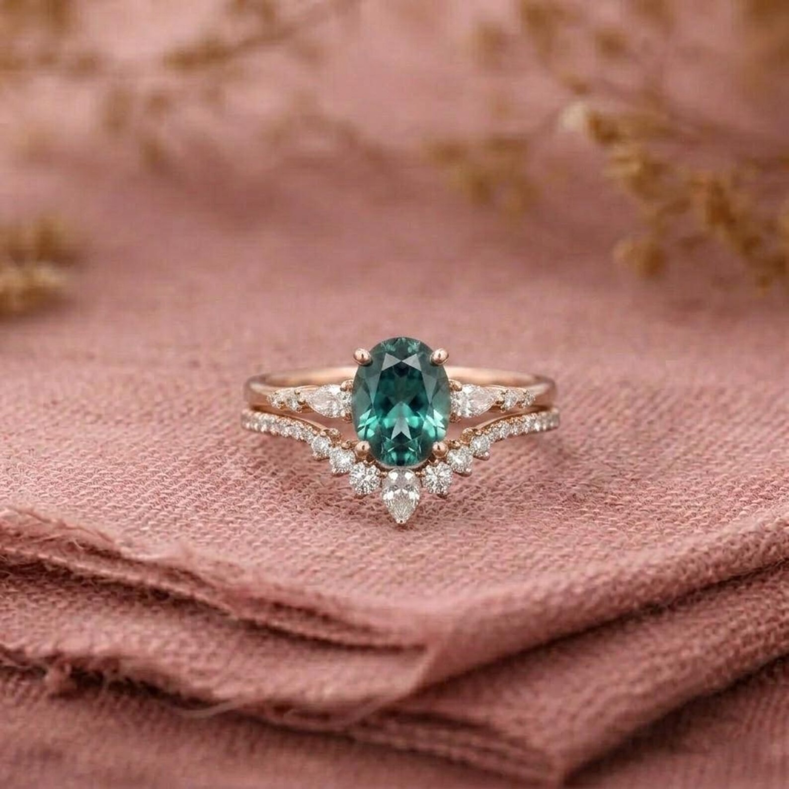 Oval Cut Bridal Ring Set, Teal Sapphire Engagement Ring, Vintage Wedding Ring Set, Rose Gold Promise Ring Set, Art Deco Bridal Jewelry