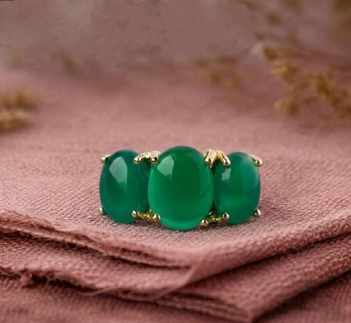 Green Onyx Engagement Ring, Oval Cut 3 Stone Ring, Green Onyx Wedding Ring, Unique Design Ring, May Birthstone Ring, Dainty Ring