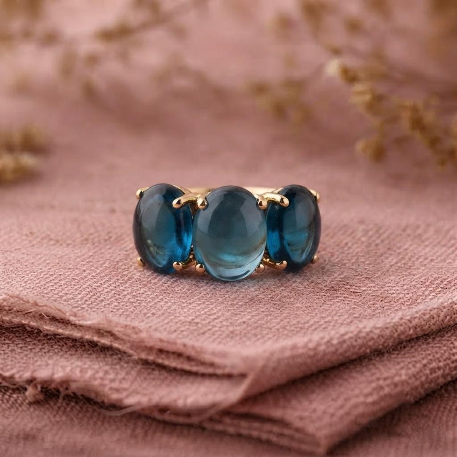 Oval Cut London Blue Topaz Solid Gold Wedding Ring Women 14kHandmade Art Deco Cluster Ring, Dainty Minimalist Gold Gemstone Gift For Her