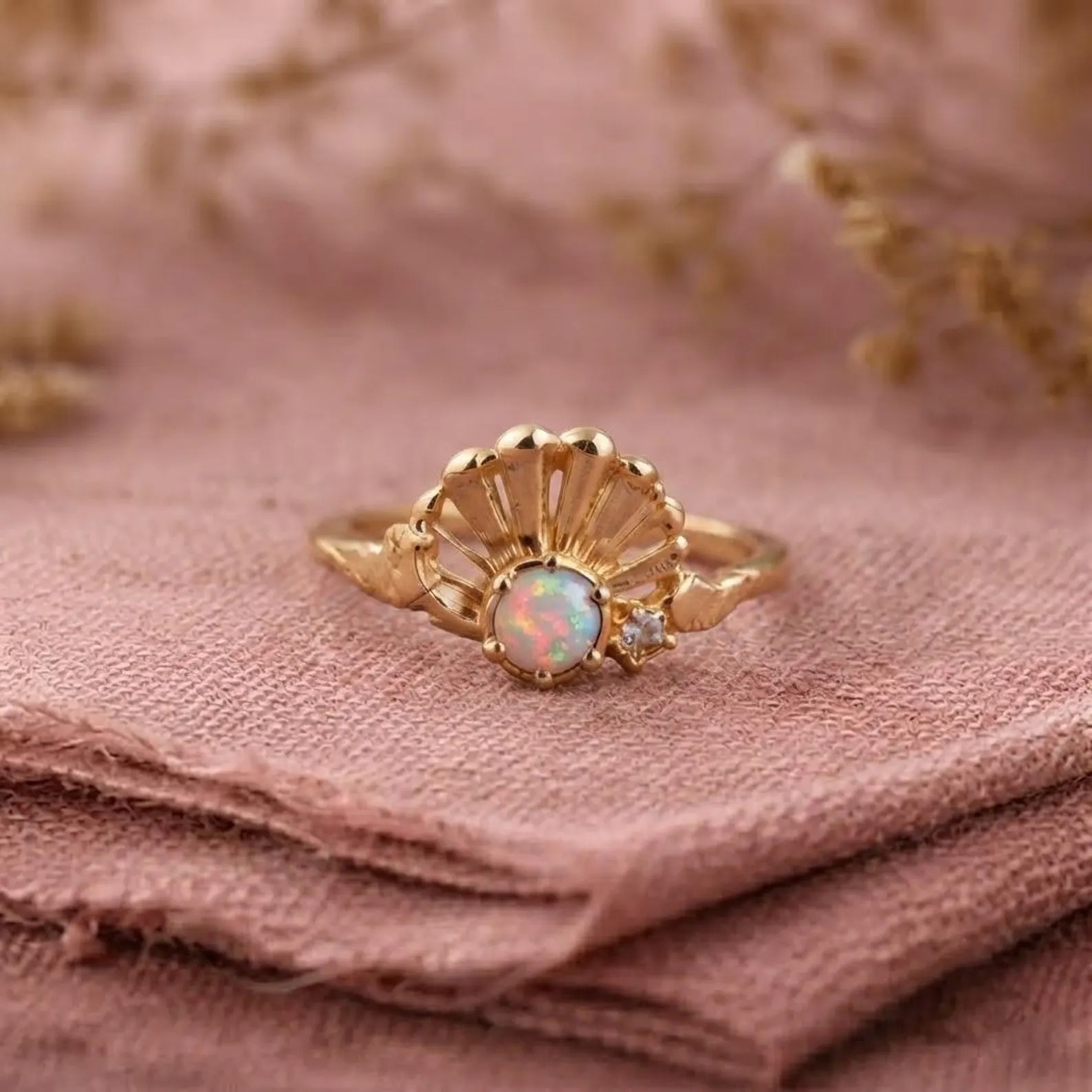 Opal Sunburst Ring, Gold Opal Ring, Celestial Engagement Ring, Vintage Inspired Opal Jewelry, Dainty Gold Ring, October Birthstone Ring