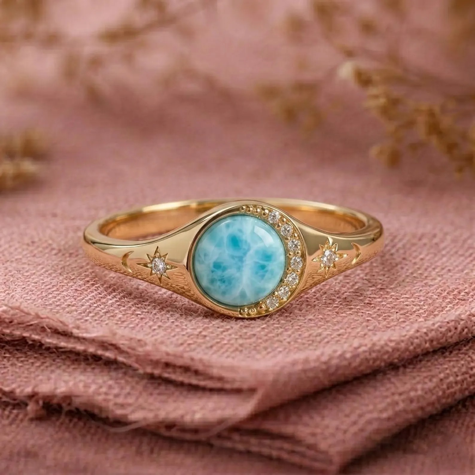 Crescent Moon Larimar Ring Gold Celestial Ring Blue Stone Ring Star Engraved Band Minimalist Dainty Jewelry Gift for Her Christmas Gifts