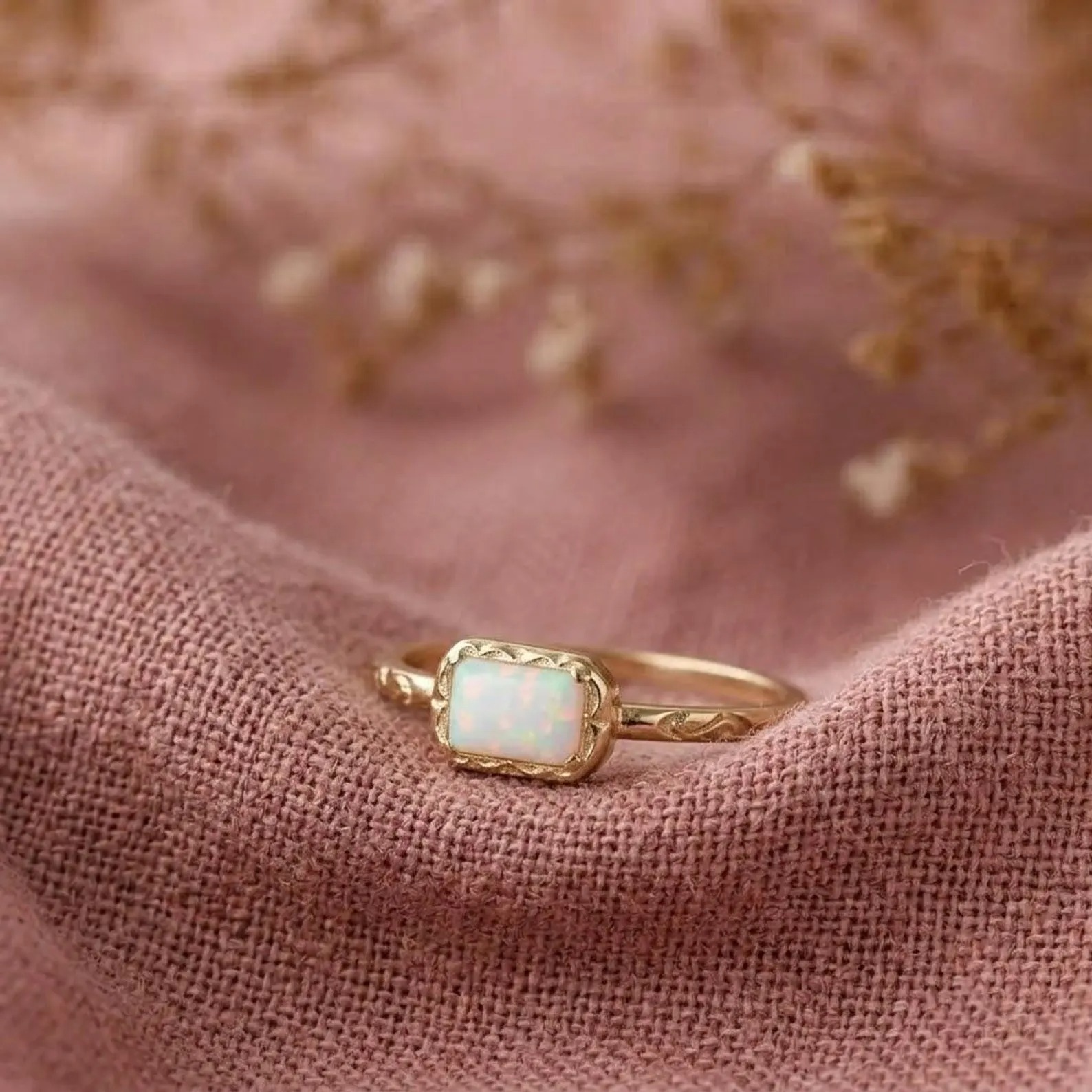 Opal Baguette Ring: 925 Sterling Silver, Baguette Cut Vintage Engraved Band, October Birthstone Gift, Dainty Opal Ring, Christmas Gift