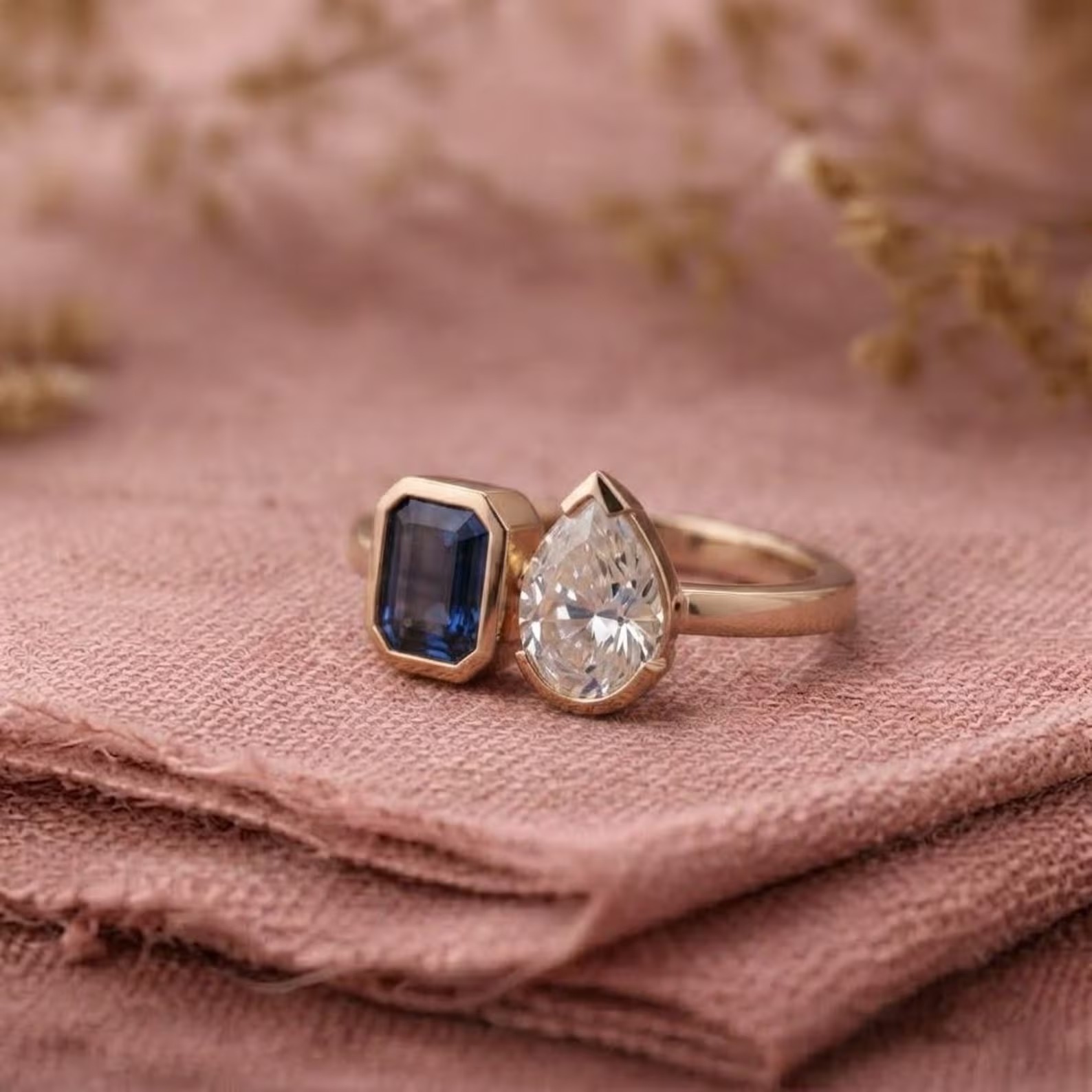 Emerald Cut Sapphire and Pear Moissanite Toi Et Moi Ring, 925 Silver Ring, Vintage Two Stone Bridal Ring, Bezel Set Solitaire Sapphire Ring