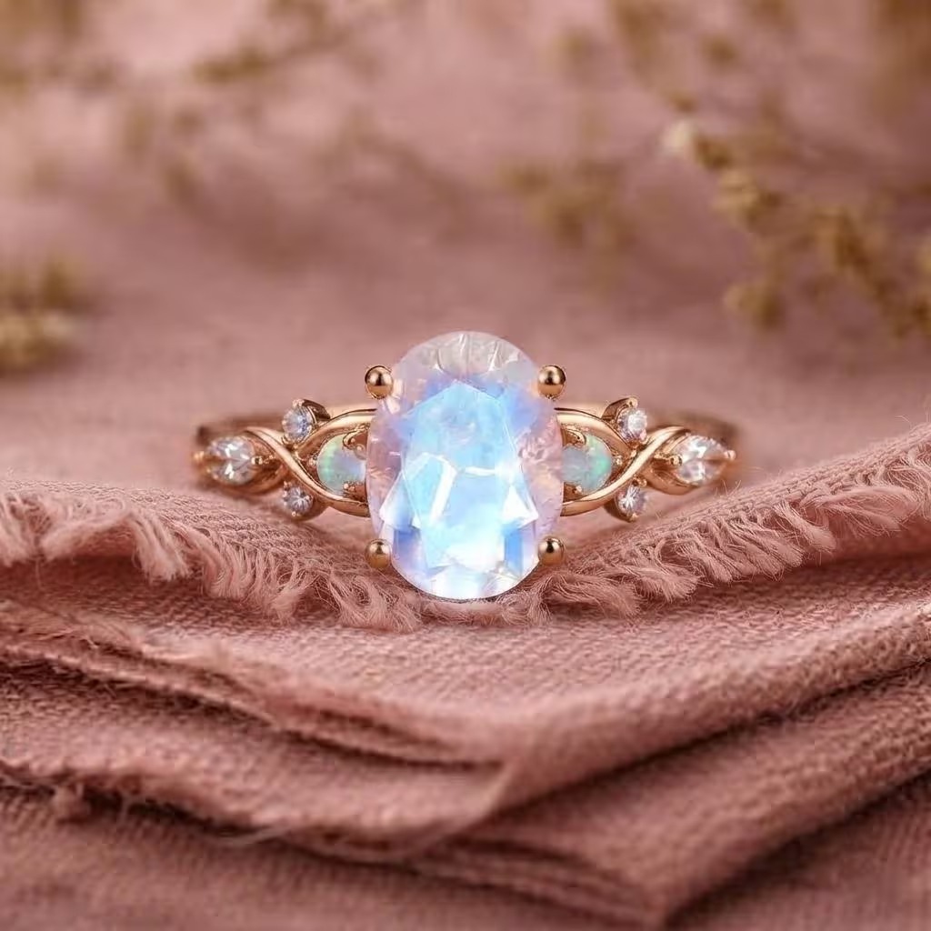 Vintage Oval Moonstone Ring 14K Solid Gold Moonstone Gemstone Engagement Ring Unique Opal Moissanite Promise Ring Anniversary Gift For Her
