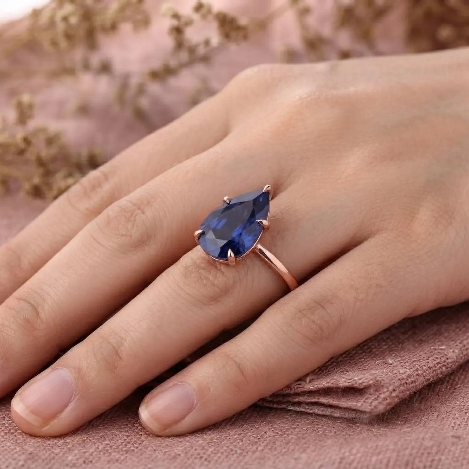 Pear Shaped Sapphire Engagement Ring, September Birthstone Gift, 14K Gold Plated Promise Ring, Blue Gemstone Jewelry, Anniversary Gift Ring