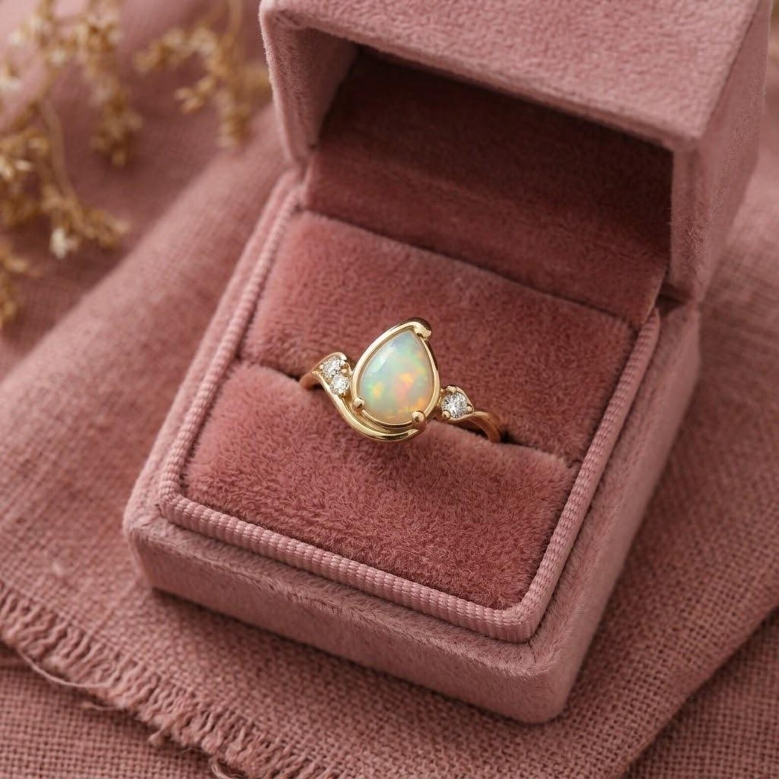 Gold Opal Ring, Pear Dainty Opal Engagement Ring, Vintage Diamond Cluster Ring, October Birthstone Ring, Christmas Gift, Rings for Women